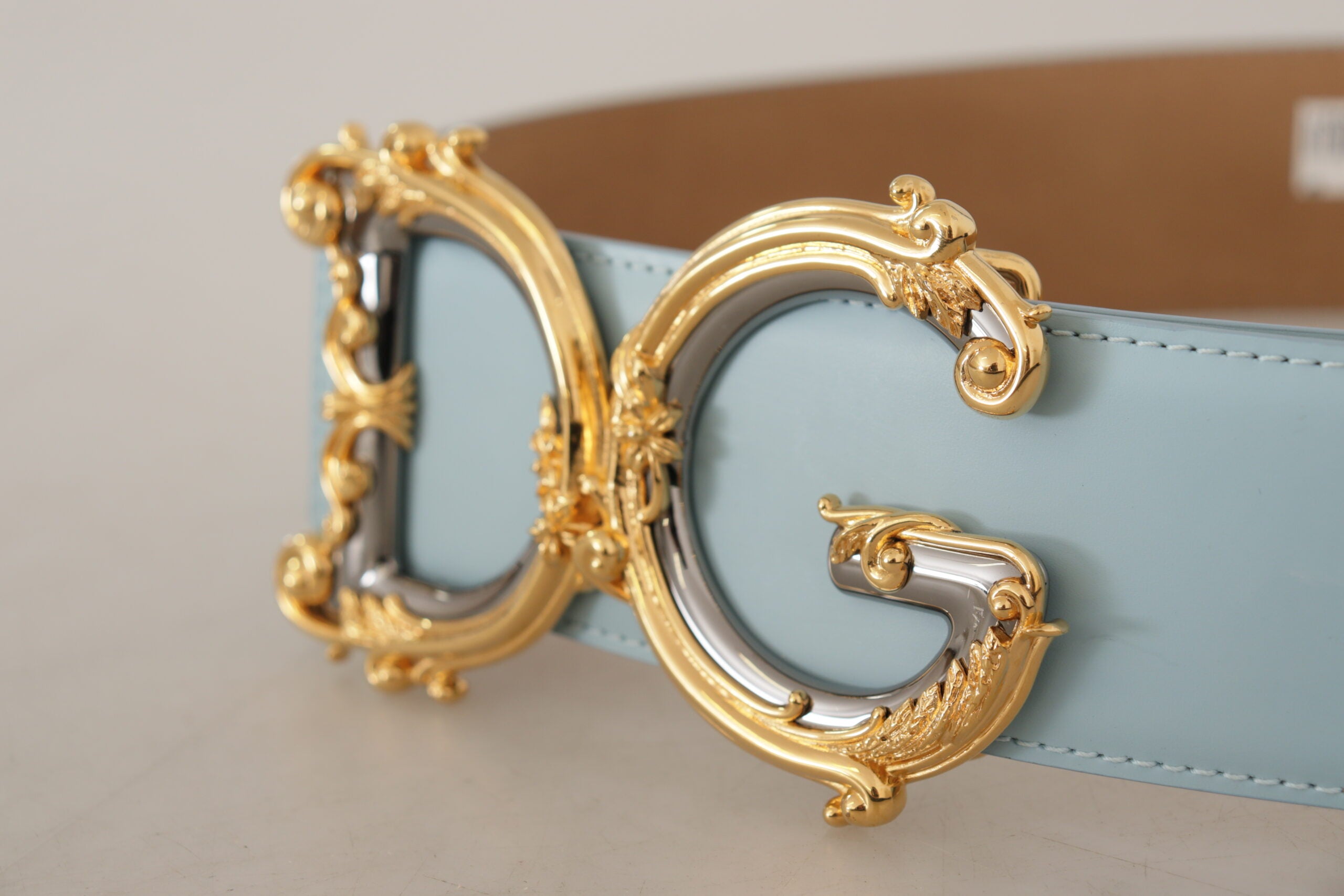 Dolce & Gabbana Blue Leather Wide Waist DG Logo Baroque Gold Buckle Belt - DEA STILOSA MILANO