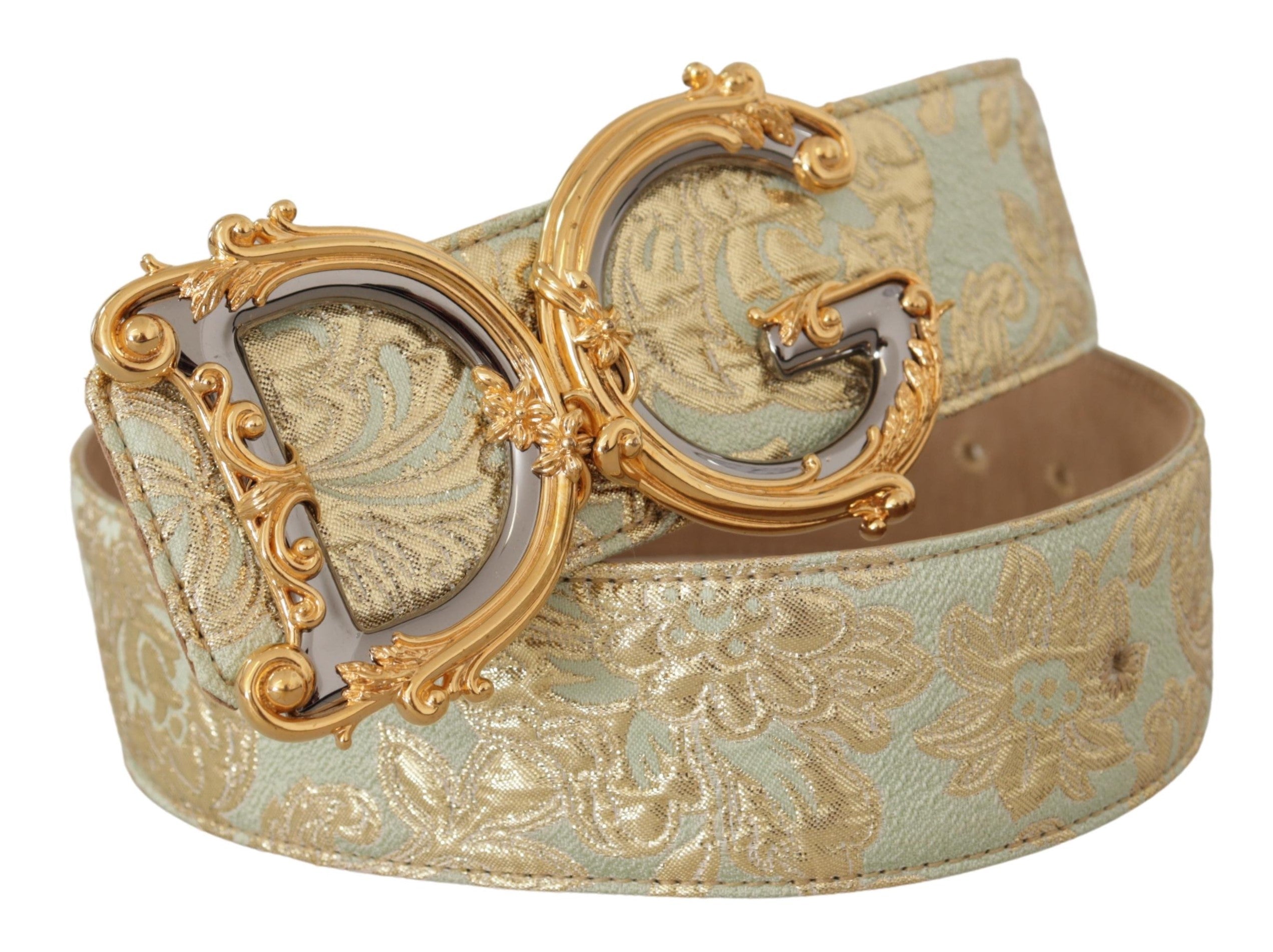 Dolce & Gabbana Green Wide Brocade Jacquard DG Logo Gold Buckle Belt - DEA STILOSA MILANO
