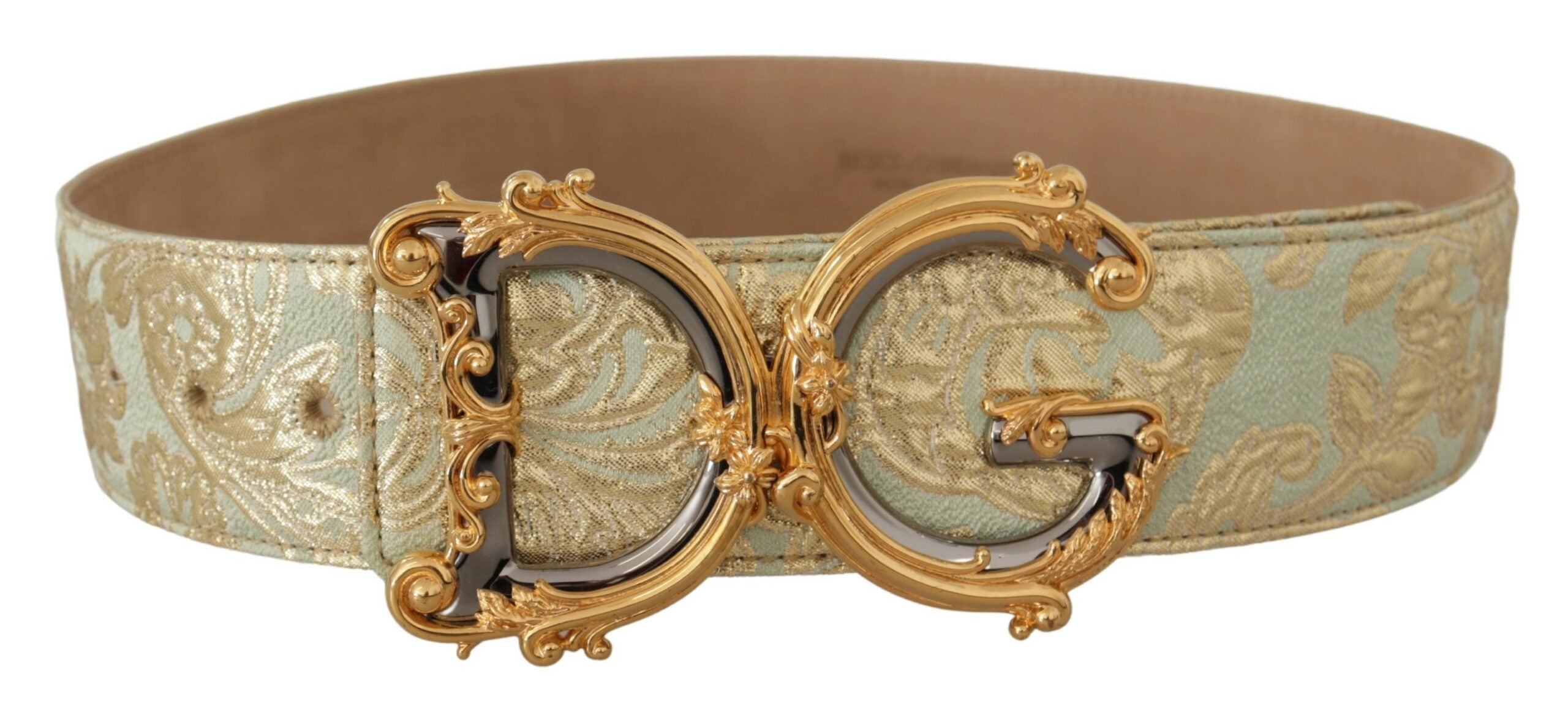 Dolce & Gabbana Green Wide Brocade Jacquard DG Logo Gold Buckle Belt - DEA STILOSA MILANO