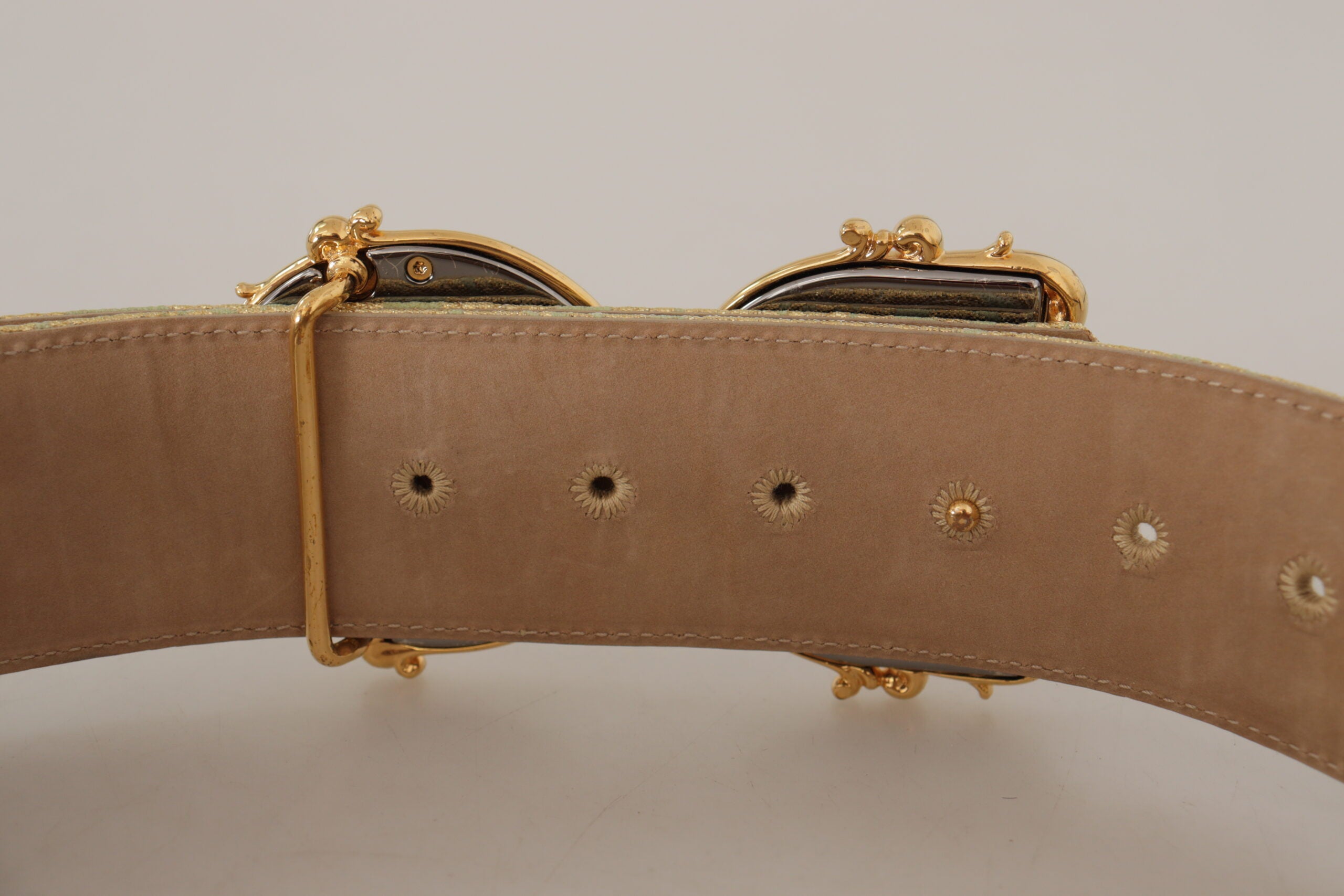 Dolce & Gabbana Green Wide Brocade Jacquard DG Logo Gold Buckle Belt - DEA STILOSA MILANO