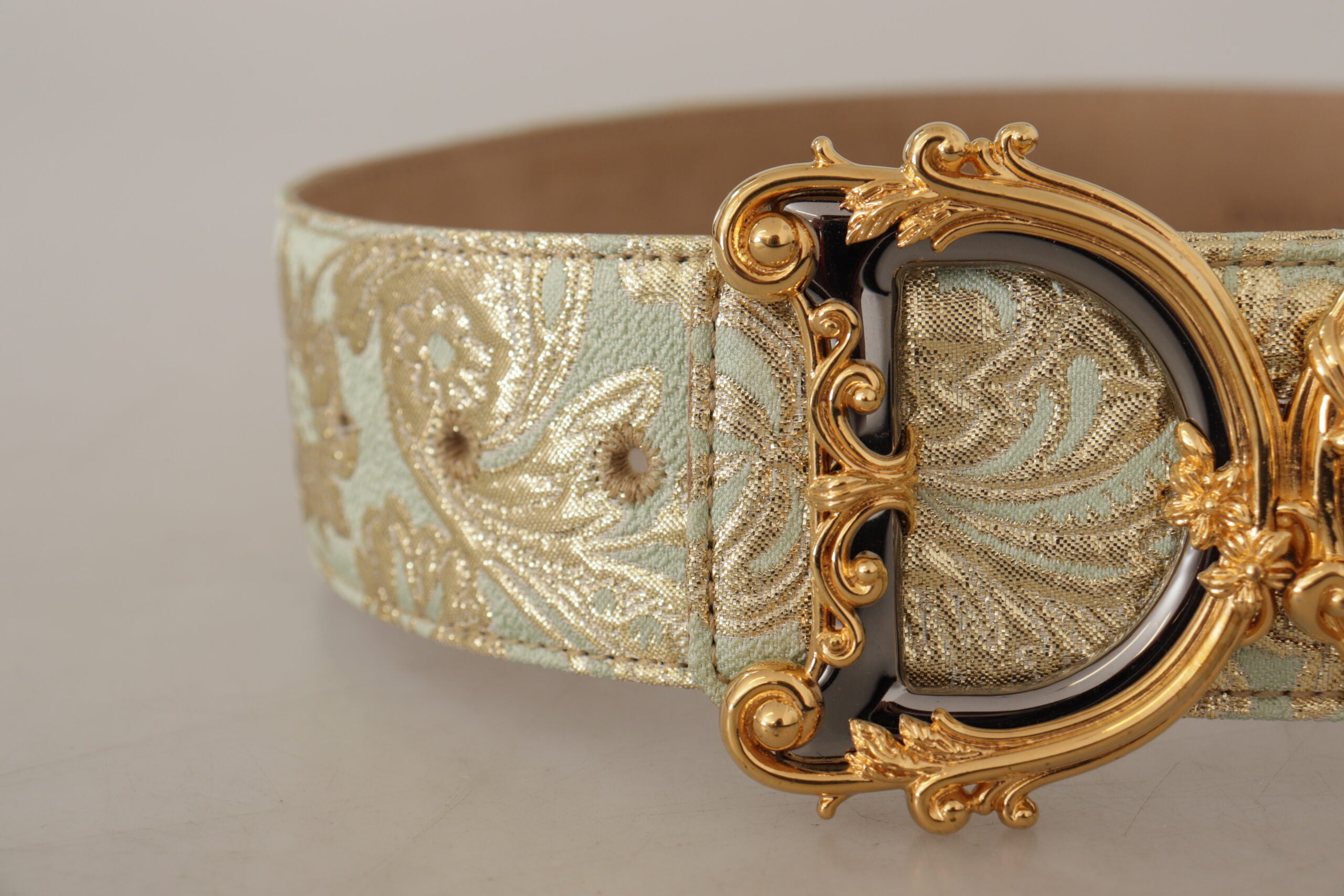 Dolce & Gabbana Green Wide Brocade Jacquard DG Logo Gold Buckle Belt - DEA STILOSA MILANO