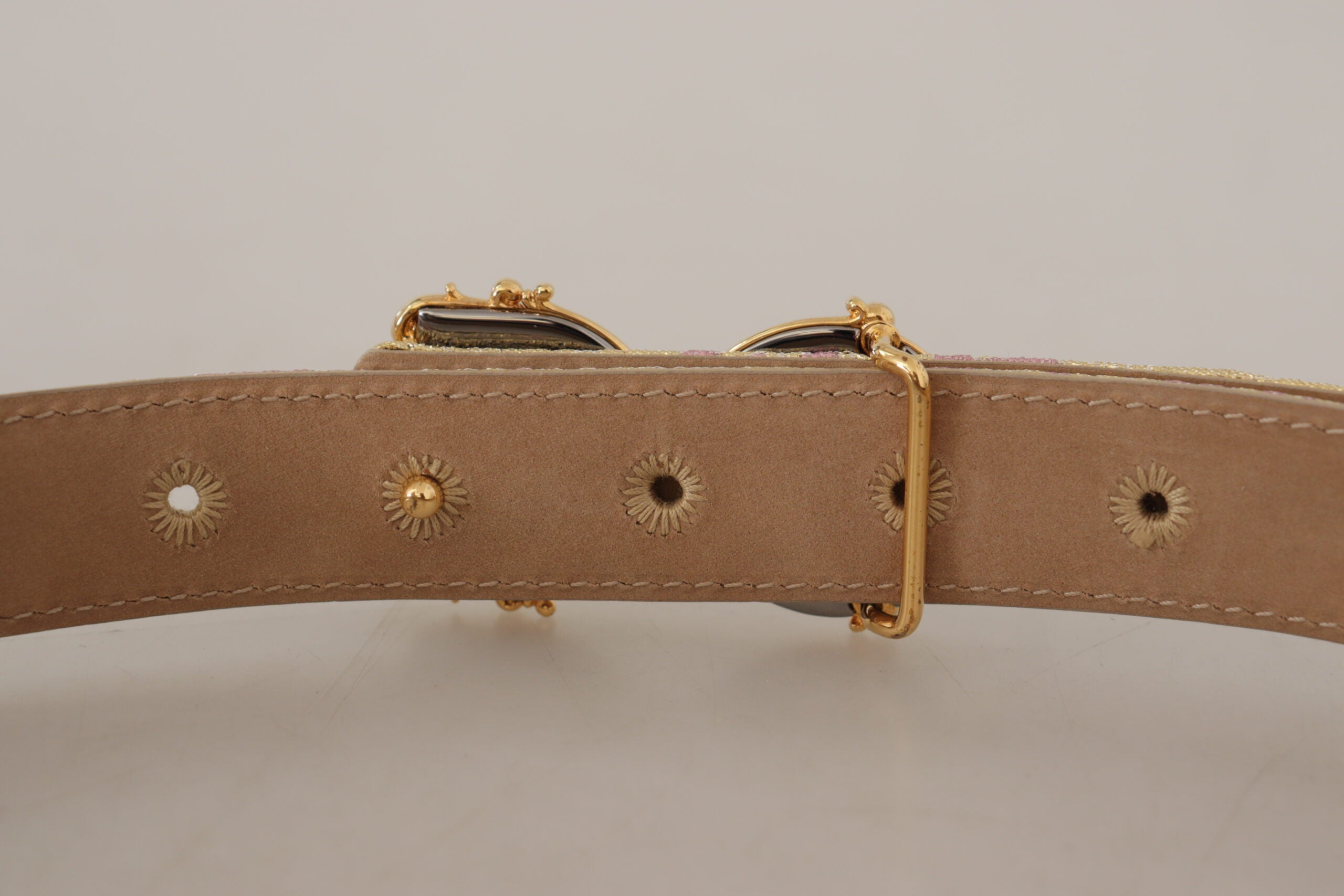 Dolce & Gabbana Rose Pink Jacquard DG Logo Gold Metal Buckle Belt - DEA STILOSA MILANO
