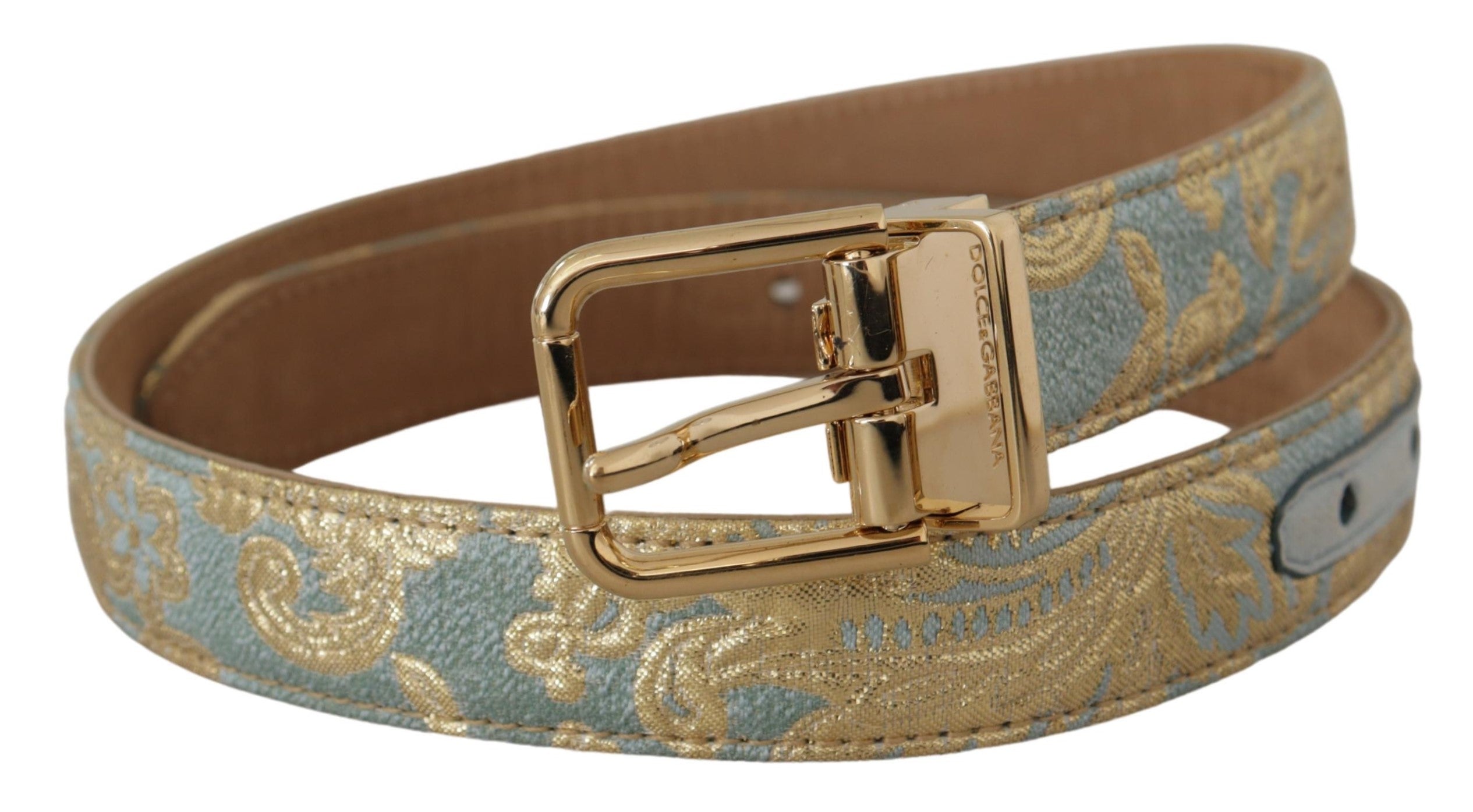 Dolce & Gabbana Blue Leather Jacquard Embossed Gold Metal Buckle Belt - DEA STILOSA MILANO