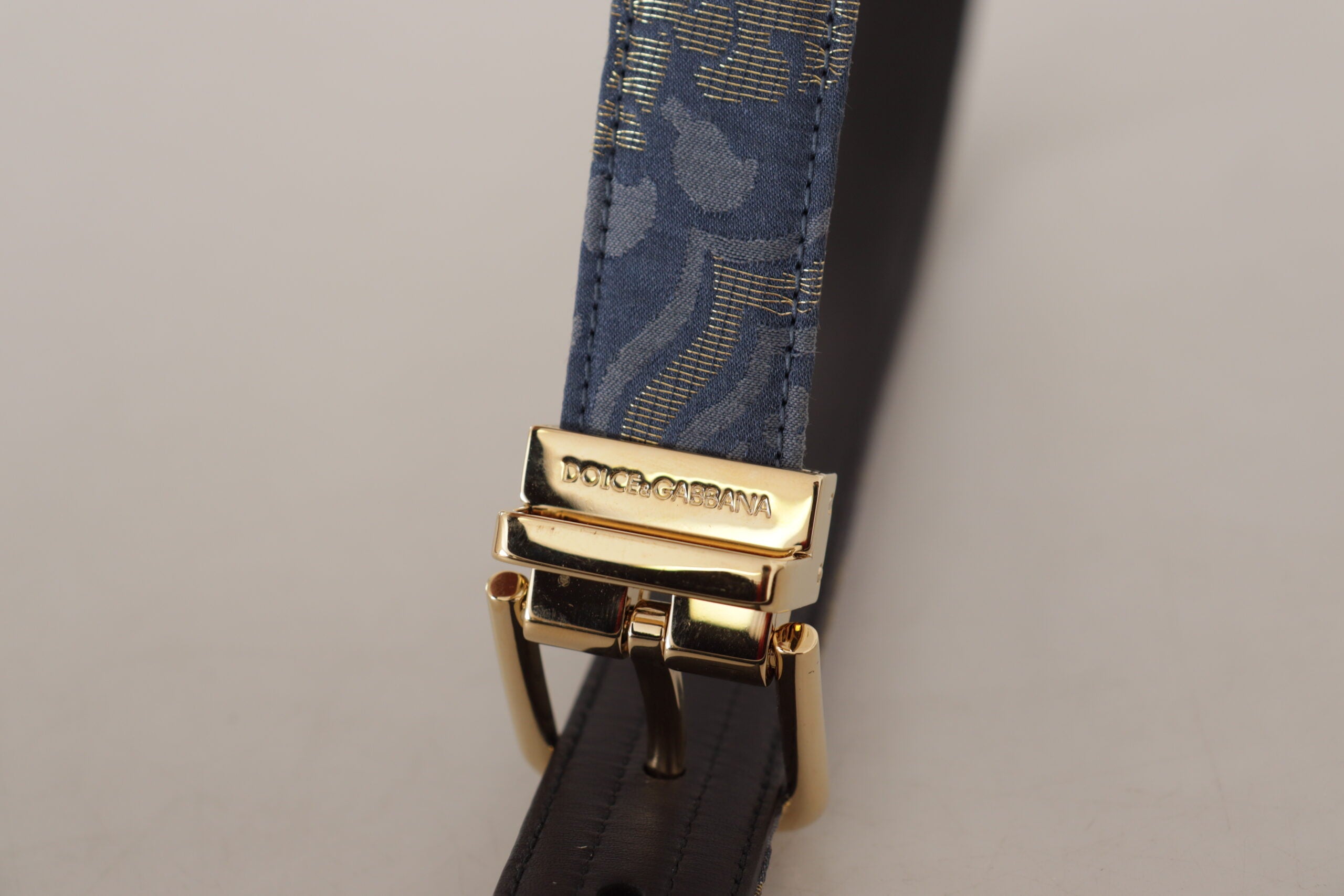 Dolce & Gabbana Navy Blue Jacquard Gold Tone Logo Metal Buckle Belt - DEA STILOSA MILANO