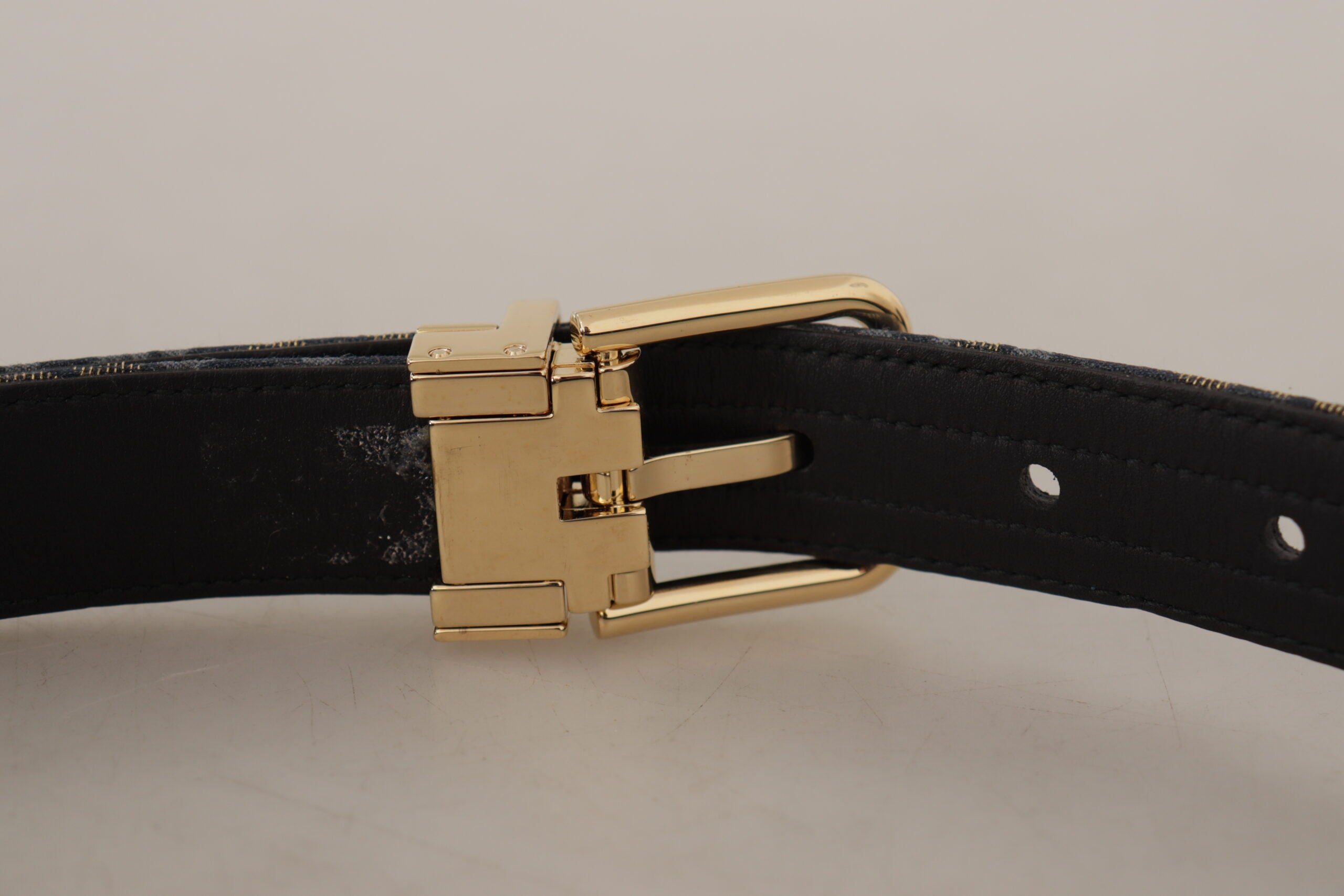 Dolce & Gabbana Navy Blue Jacquard Gold Tone Logo Metal Buckle Belt - DEA STILOSA MILANO