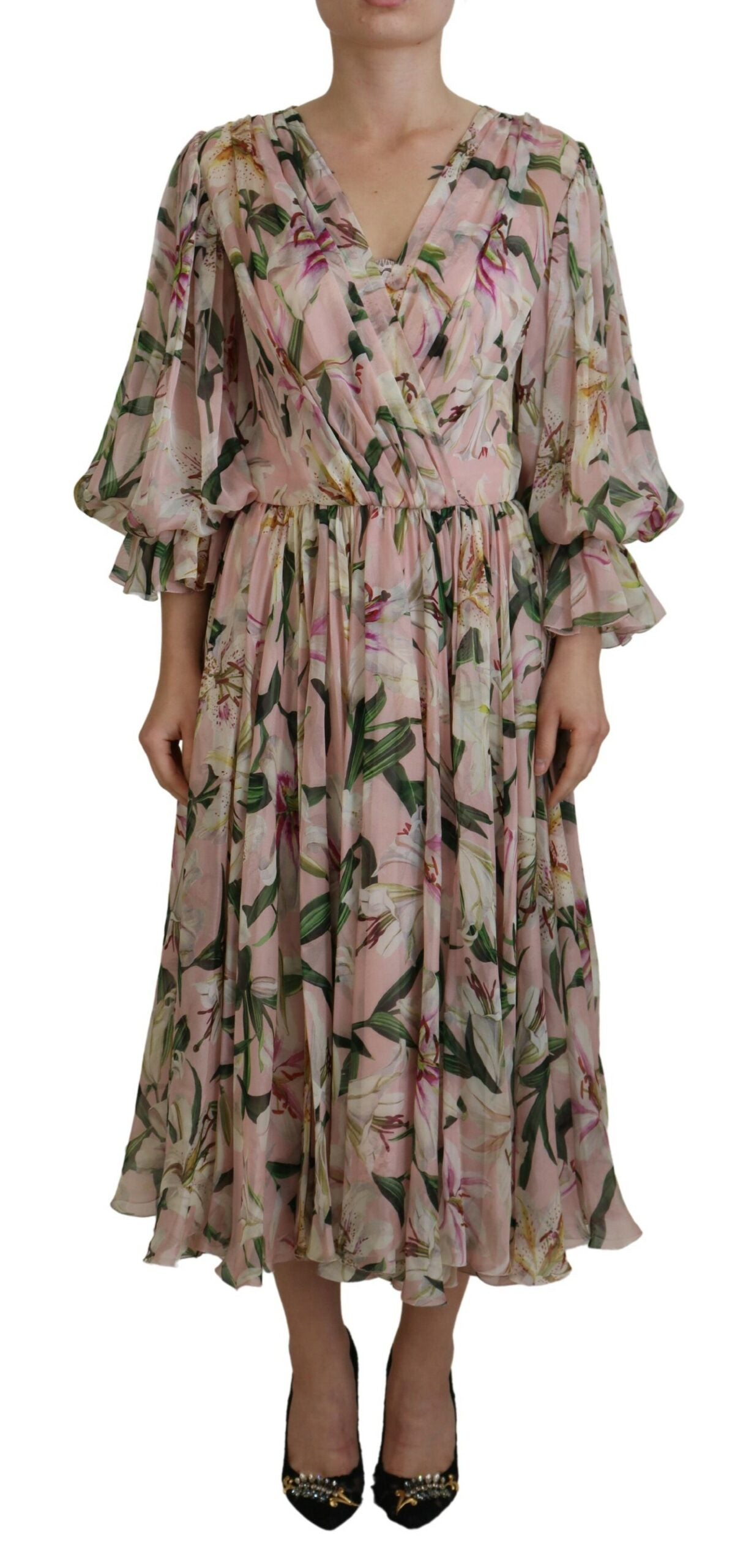 Dolce & Gabbana Pink Lily Print Silk A-line Pleated Maxi Dress - DEA STILOSA MILANO