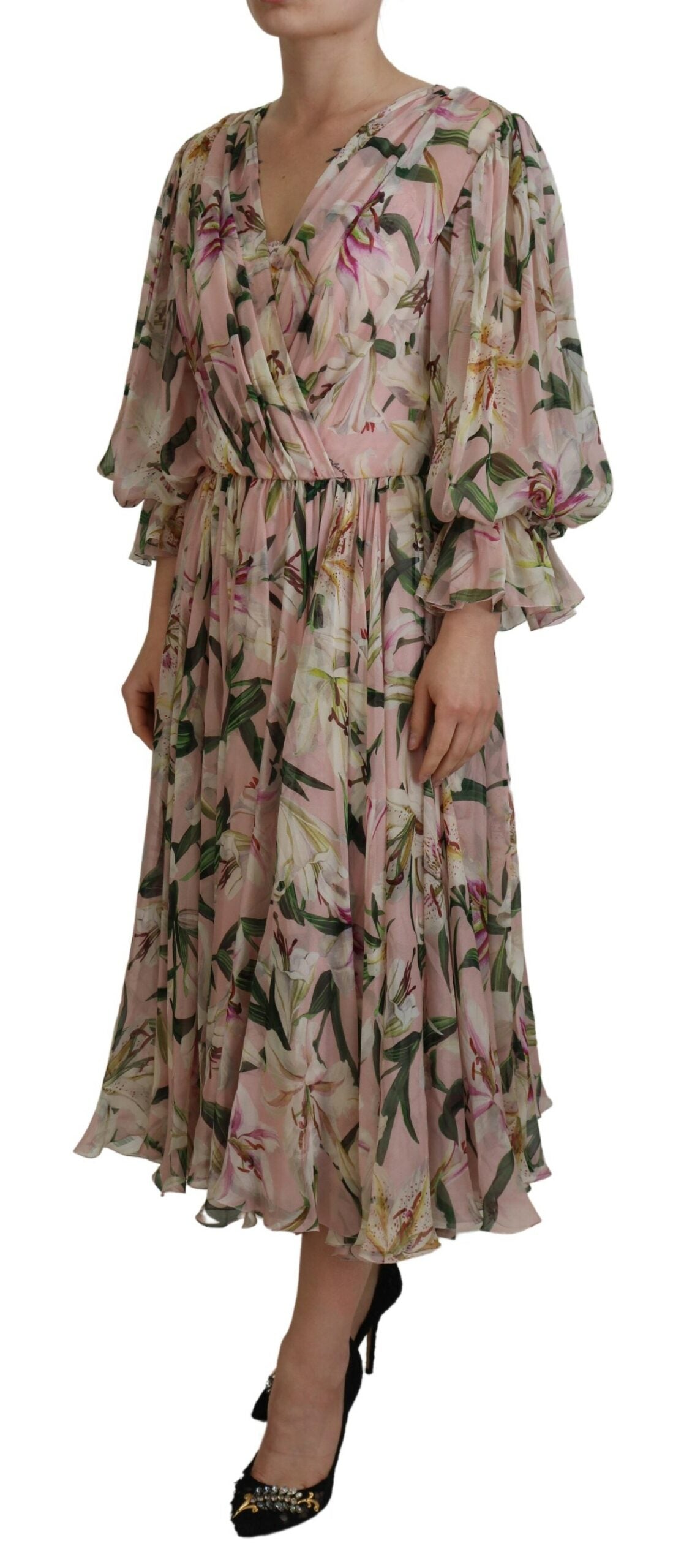 Dolce & Gabbana Pink Lily Print Silk A-line Pleated Maxi Dress - DEA STILOSA MILANO
