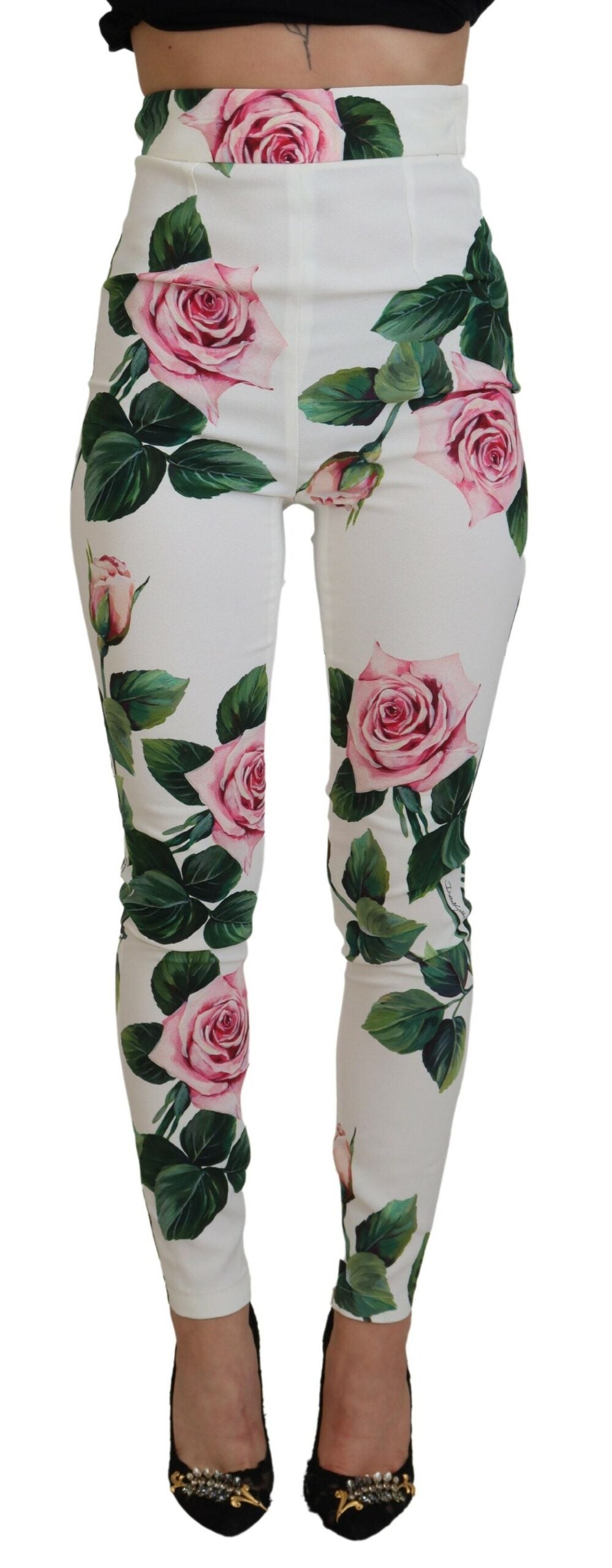 Dolce & Gabbana White Rose Print High Waist Pants - DEA STILOSA MILANO