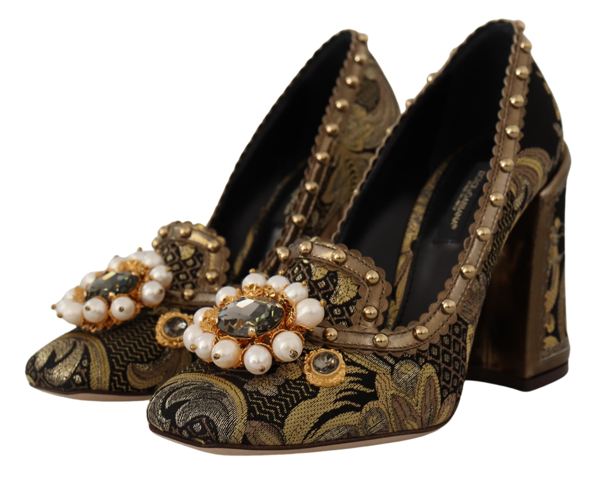 Dolce & Gabbana Gold Crystal Square Toe Brocade Pumps Shoes - DEA STILOSA MILANO