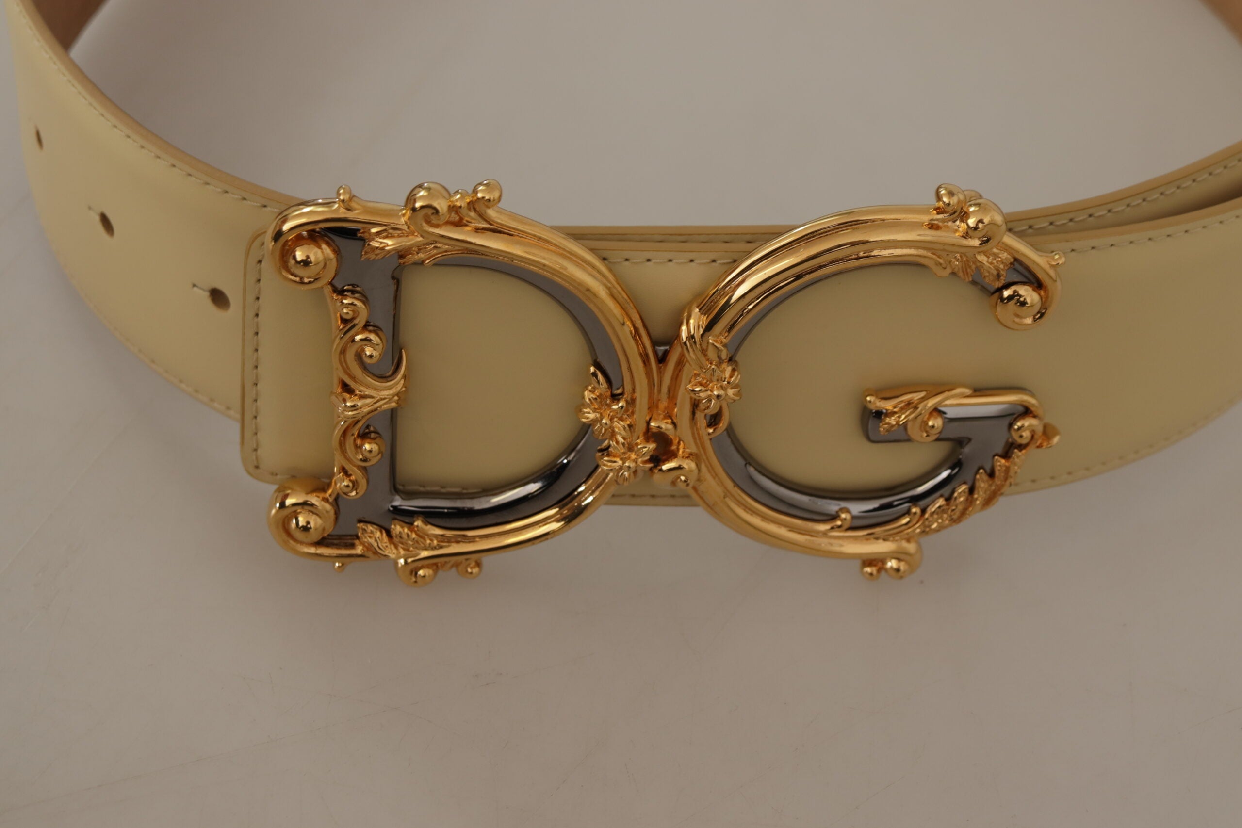 Dolce & Gabbana Beige Wide Waist Leather DG Logo Baroque Buckle Belt - DEA STILOSA MILANO