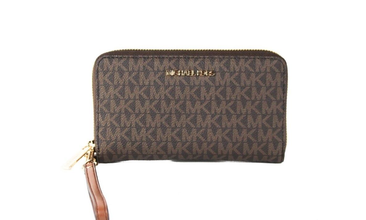 Michael Kors Jet Set Large Brown Signature PVC Flat Multifunction Wrist Wallet - DEA STILOSA MILANO