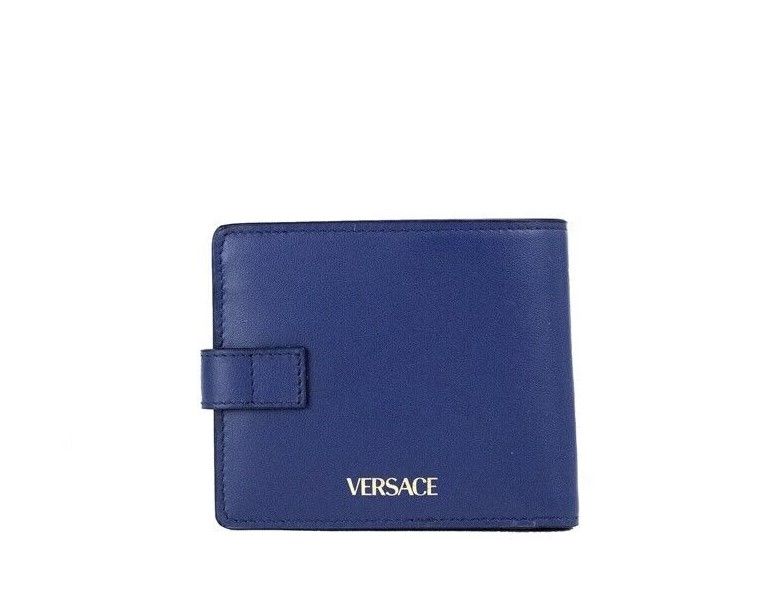 Versace Navy Blue Compact Smooth Leather Gold Toned Medusa Snap Bifold Wallet - DEA STILOSA MILANO