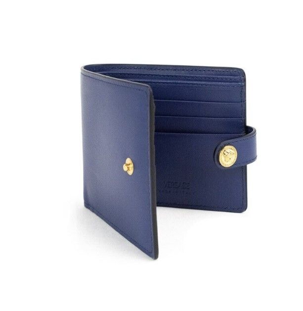 Versace Navy Blue Compact Smooth Leather Gold Toned Medusa Snap Bifold Wallet - DEA STILOSA MILANO