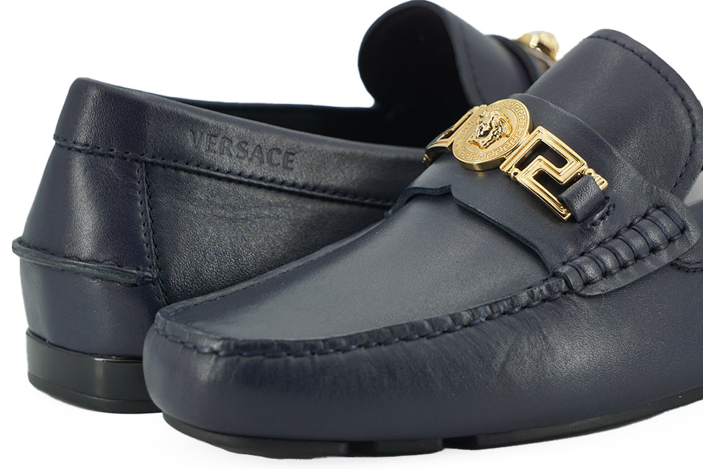 Versace Navy Blue Calf Leather Loafers Shoes - DEA STILOSA MILANO