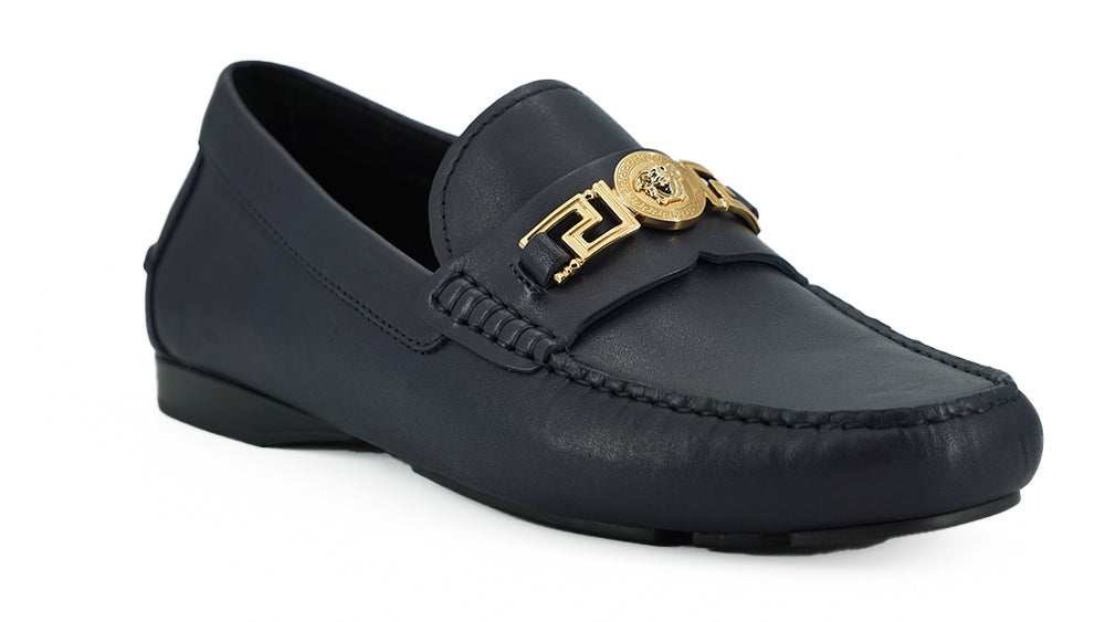 Versace Navy Blue Calf Leather Loafers Shoes - DEA STILOSA MILANO