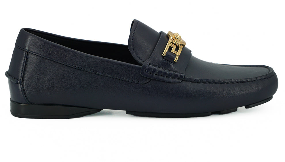 Versace Navy Blue Calf Leather Loafers Shoes - DEA STILOSA MILANO