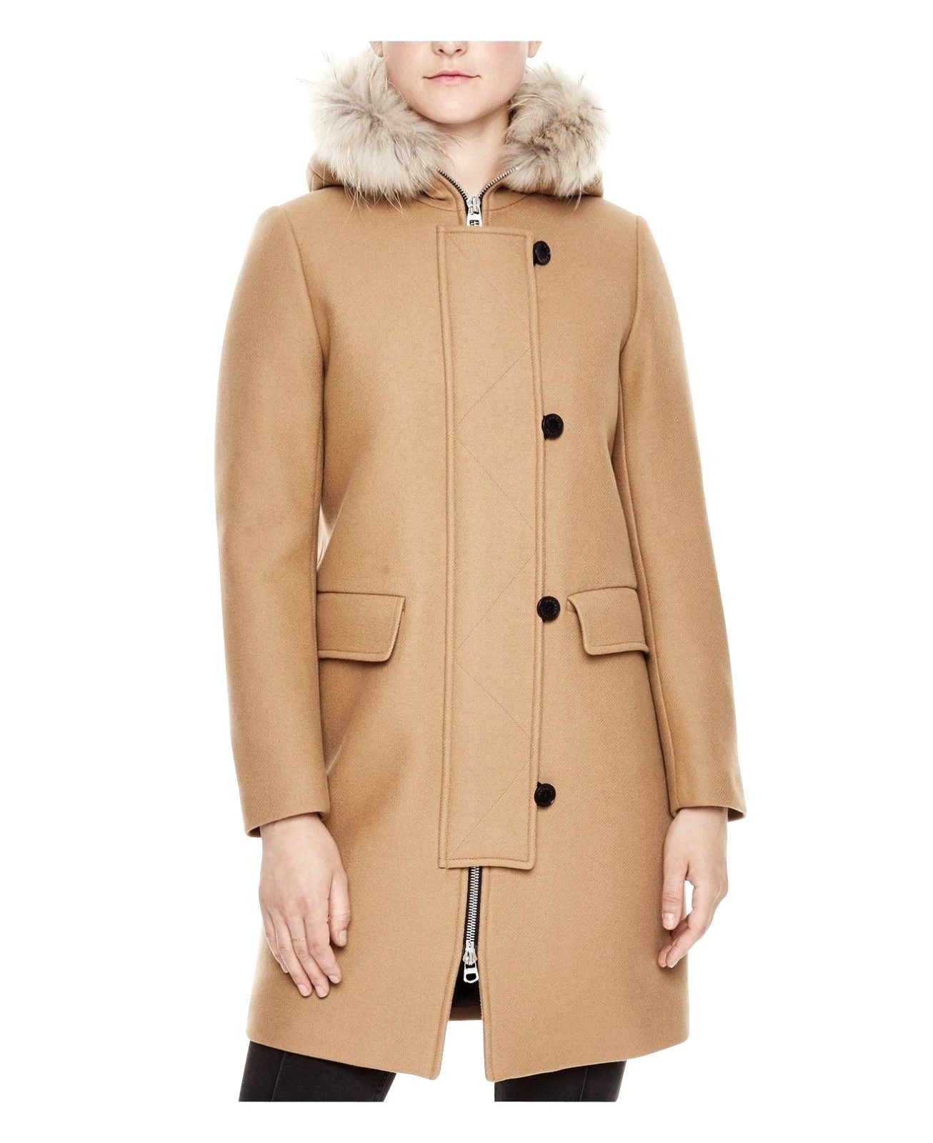 Sandro Women's Camel Kurt Wool Coat Fur Trim Hood - DEA STILOSA MILANO