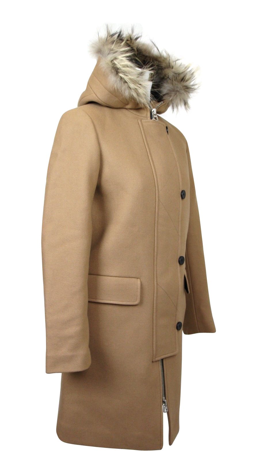 Sandro Women's Camel Kurt Wool Coat Fur Trim Hood - DEA STILOSA MILANO