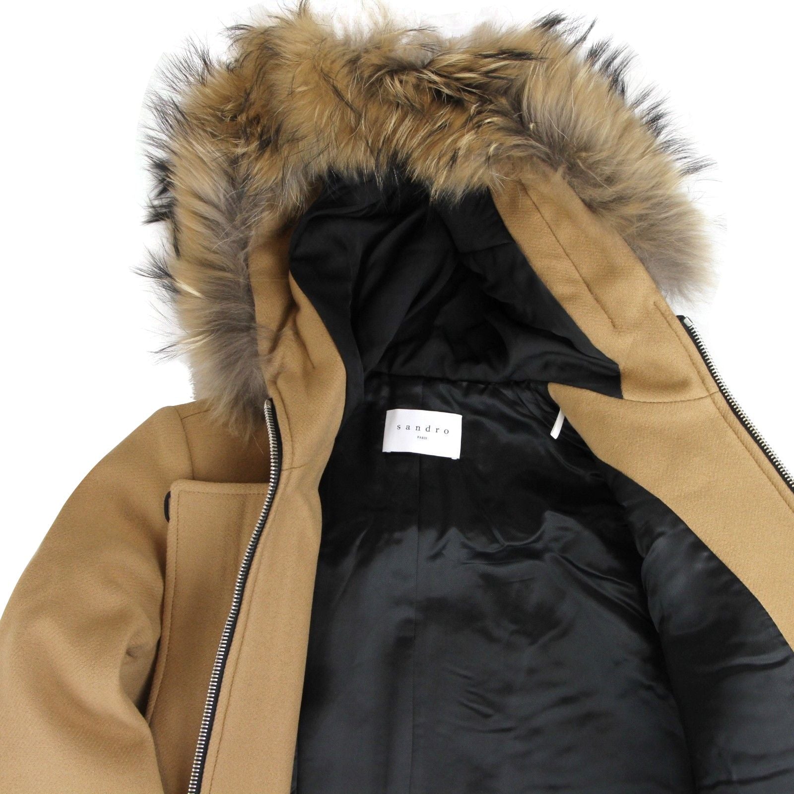 Sandro Women's Camel Kurt Wool Coat Fur Trim Hood - DEA STILOSA MILANO