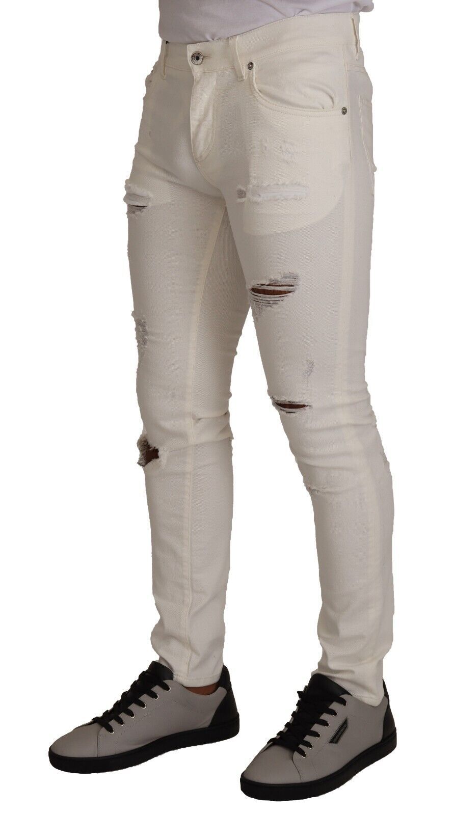 Dolce & Gabbana White Tattered Skinny Cotton Men Denim Jeans - DEA STILOSA MILANO