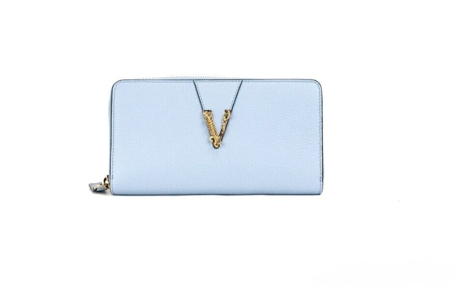 Versace Large Cornflower Grainy Leather Gold Monogram Zip Around Clutch Wallet - DEA STILOSA MILANO