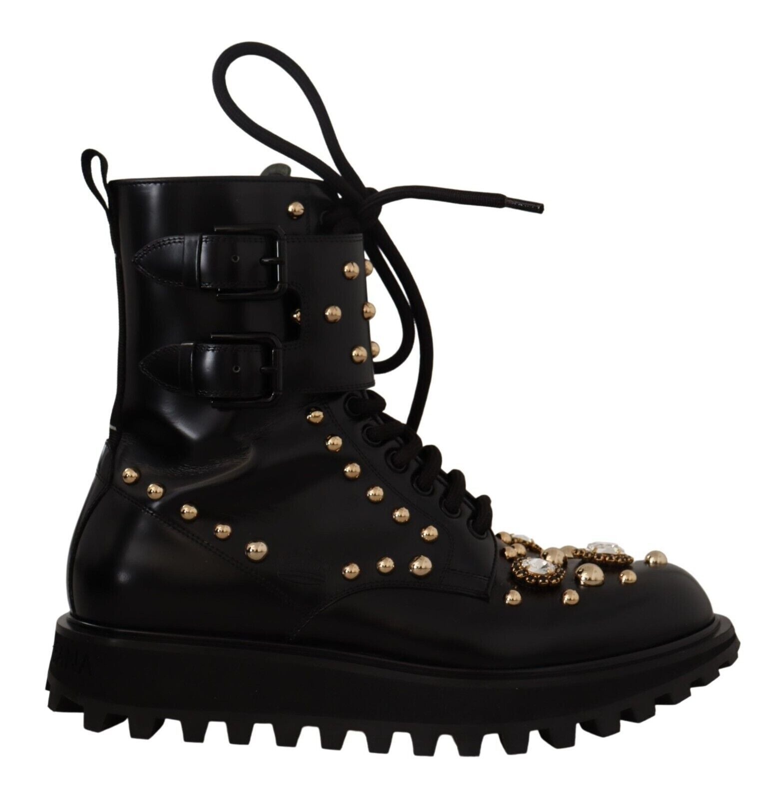 Dolce & Gabbana Black Leather Crystal Embellished Boots Shoes - DEA STILOSA MILANO