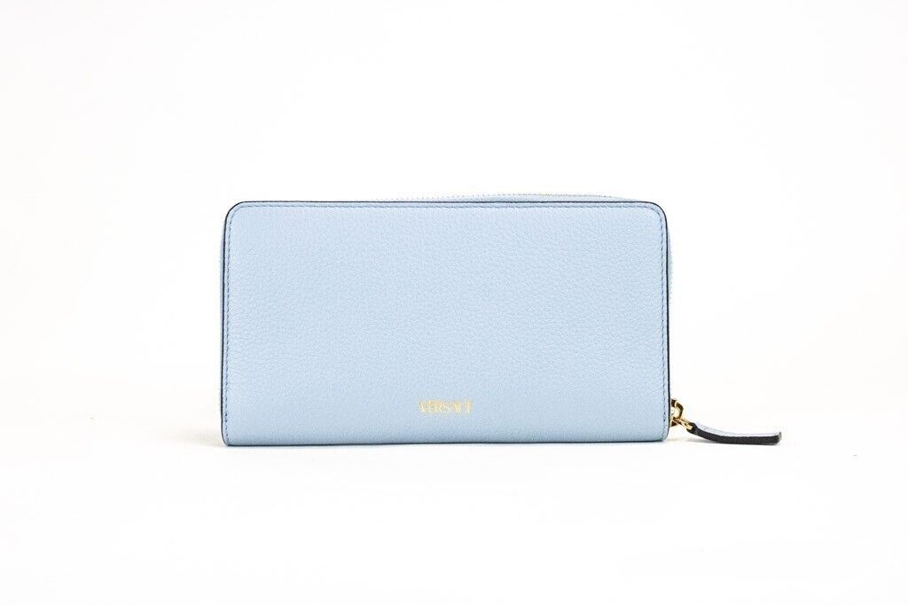Versace Large Cornflower Grainy Leather Gold Monogram Zip Around Clutch Wallet - DEA STILOSA MILANO