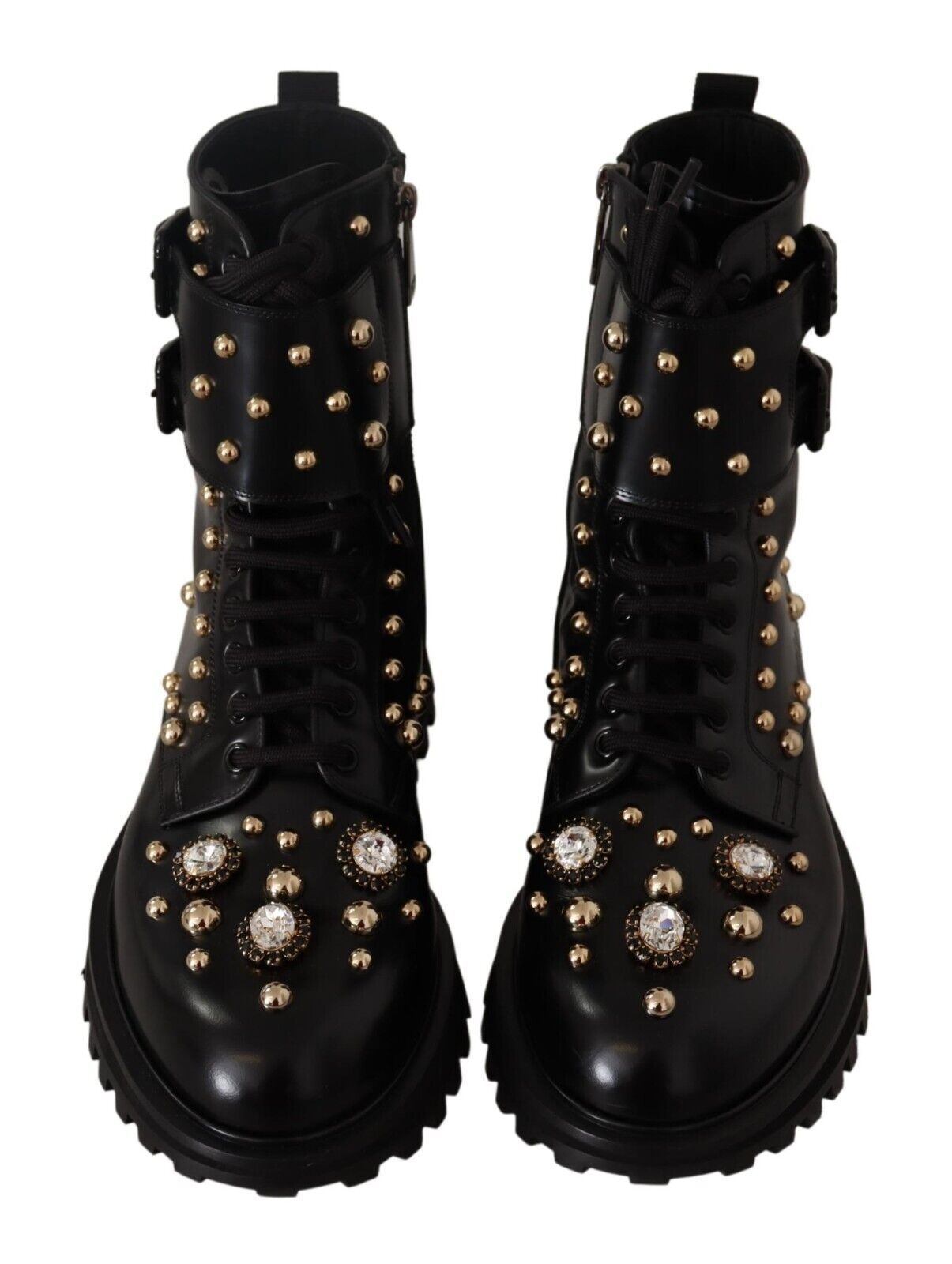 Dolce & Gabbana Black Leather Crystal Embellished Boots Shoes - DEA STILOSA MILANO