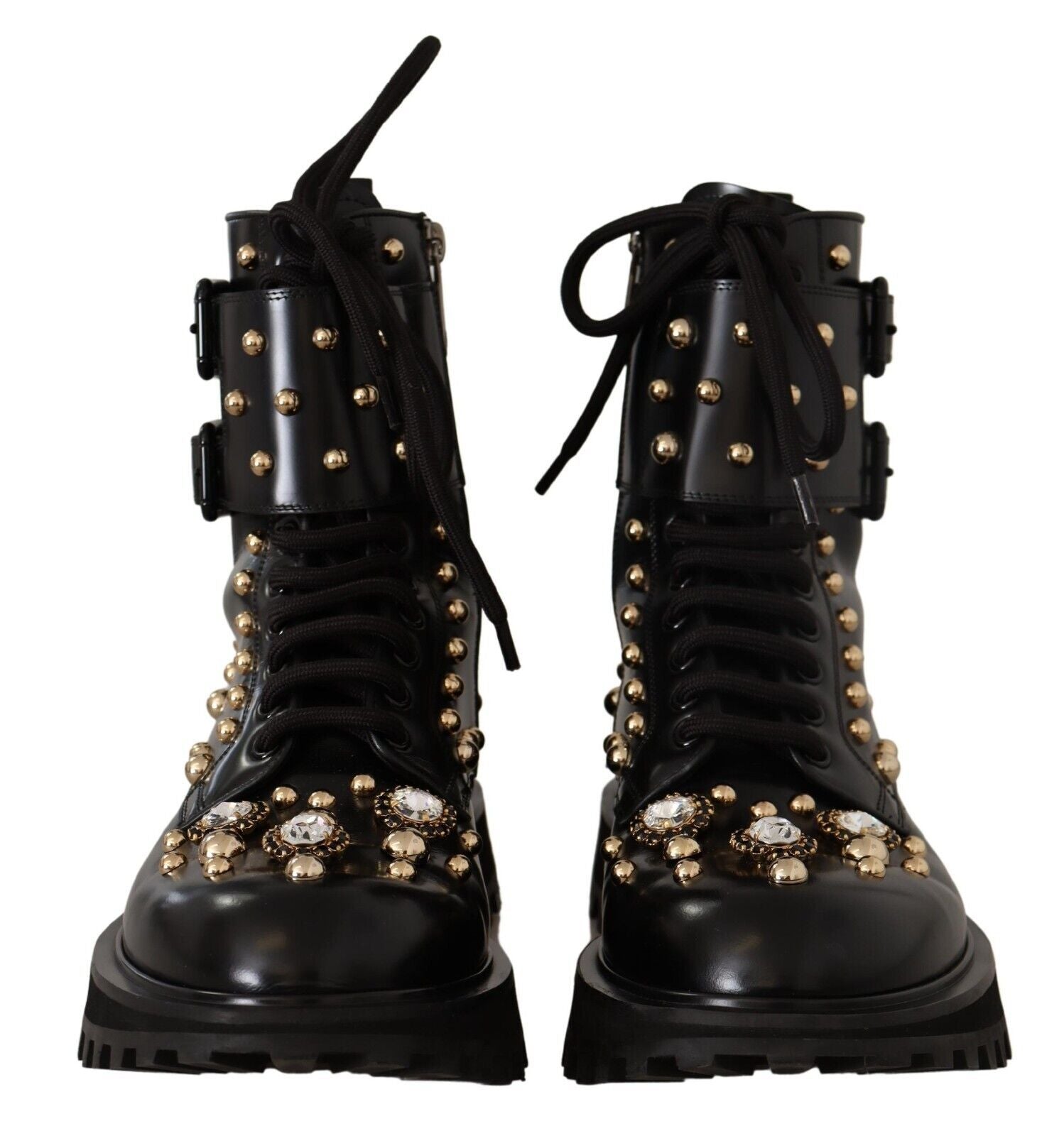 Dolce & Gabbana Black Leather Crystal Embellished Boots Shoes - DEA STILOSA MILANO