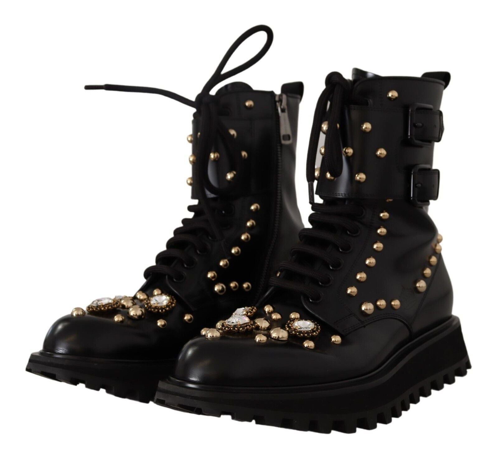 Dolce & Gabbana Black Leather Crystal Embellished Boots Shoes - DEA STILOSA MILANO