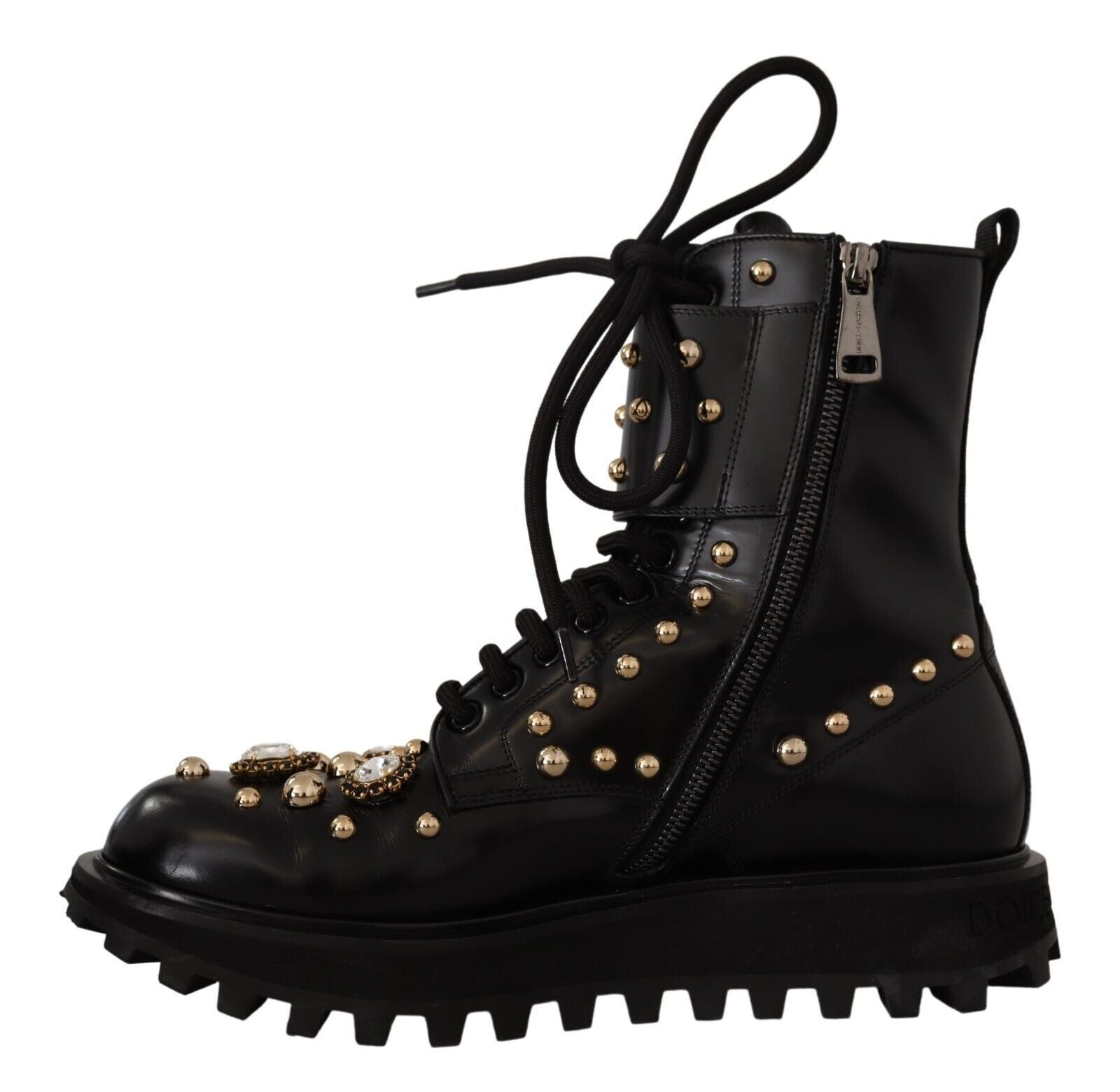 Dolce & Gabbana Black Leather Crystal Embellished Boots Shoes - DEA STILOSA MILANO