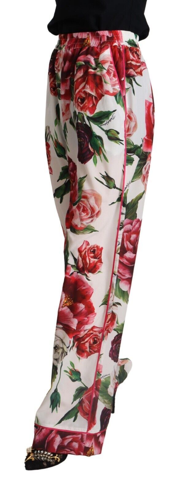 Dolce & Gabbana White Floral Print Mid Waist Wide Leg Pants - DEA STILOSA MILANO