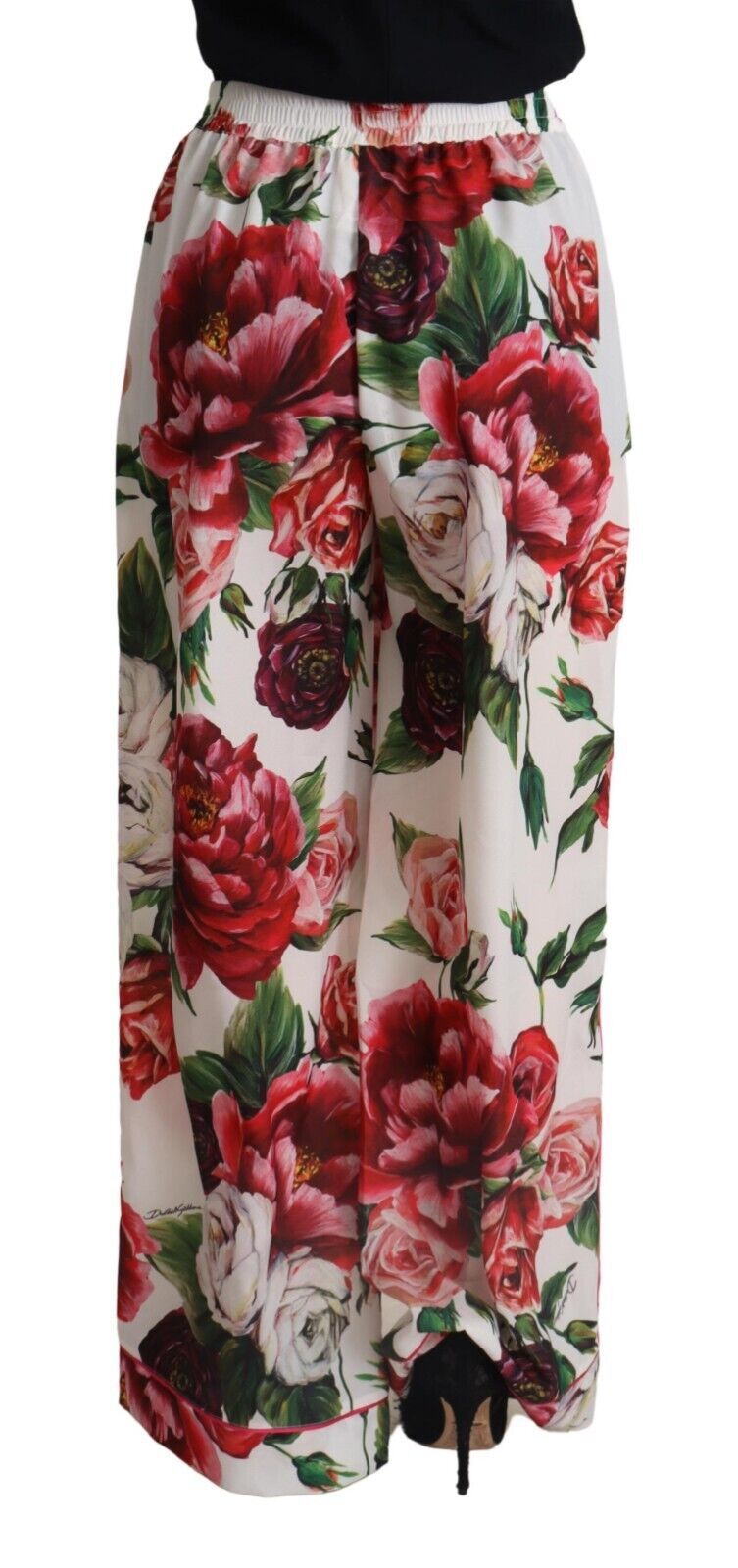 Dolce & Gabbana White Floral Print Mid Waist Wide Leg Pants - DEA STILOSA MILANO