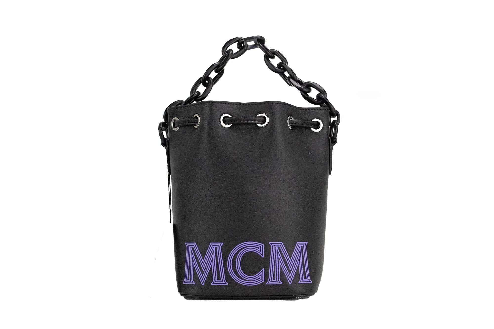 MCM Mini Black Purple Smooth Leather Chain Shoulder Drawstring Bucket Handbag - DEA STILOSA MILANO