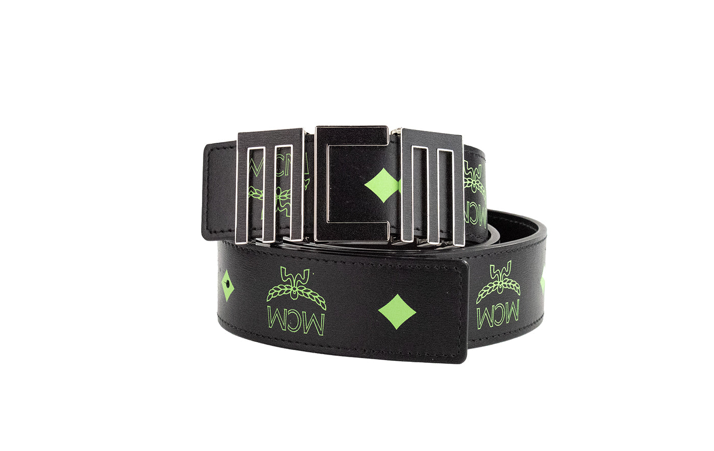MCM Claus Mens Summer Green Smooth Visetos Logo Leather Numeric Buckle Belt - DEA STILOSA MILANO