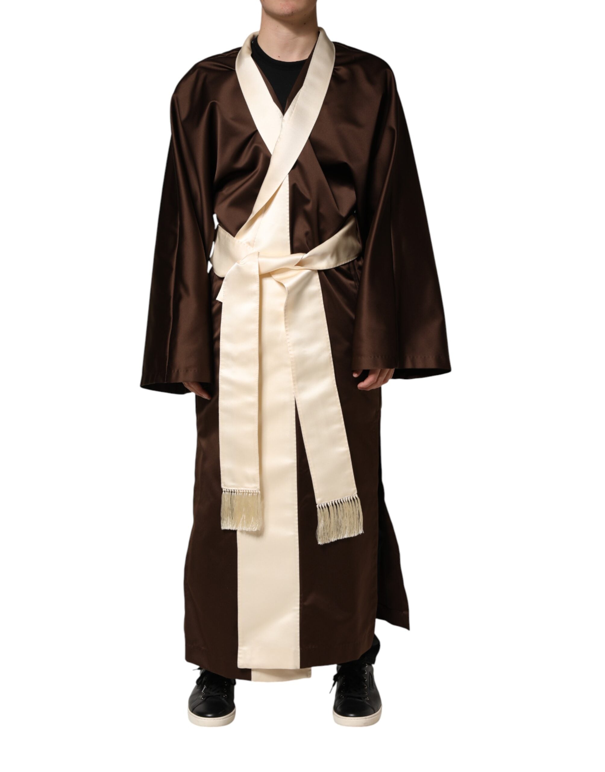 Dolce & Gabbana Brown Cream Lounge Belted Bathrobe Jacket - Artisanal Luxury