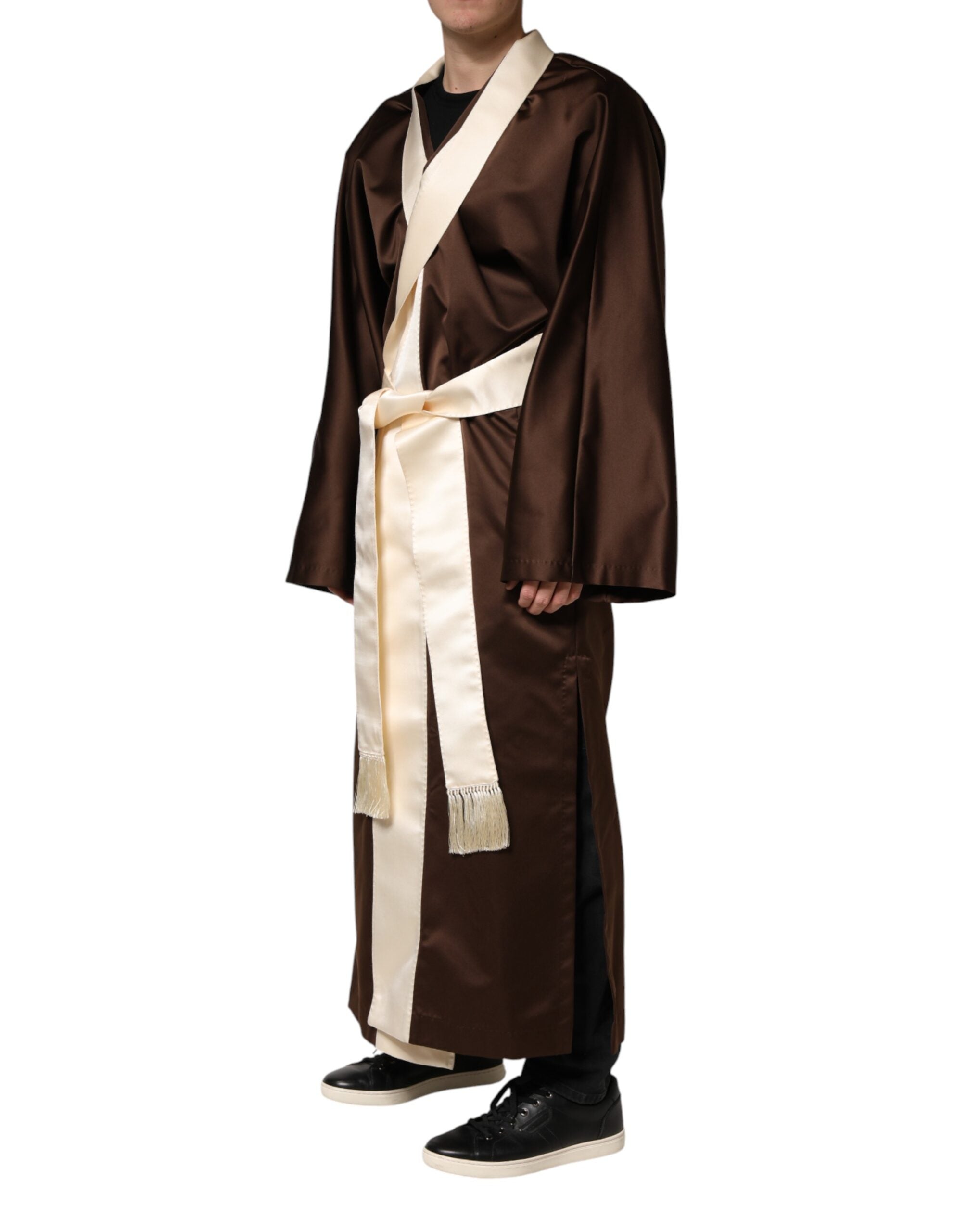 Dolce & Gabbana Brown Cream Lounge Belted Bathrobe Jacket - Artisanal Luxury