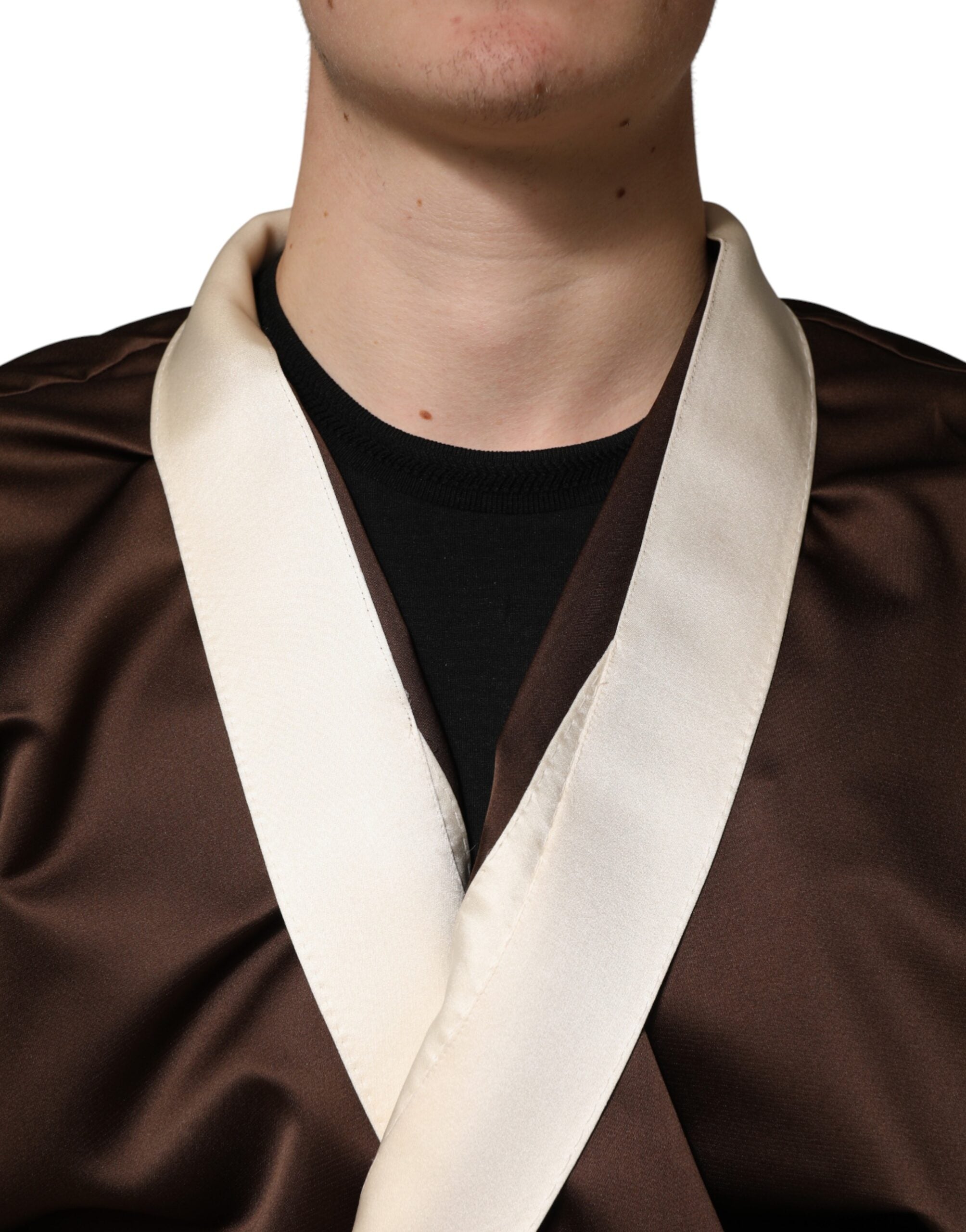 Dolce & Gabbana Brown Cream Lounge Belted Bathrobe Jacket - Artisanal Luxury