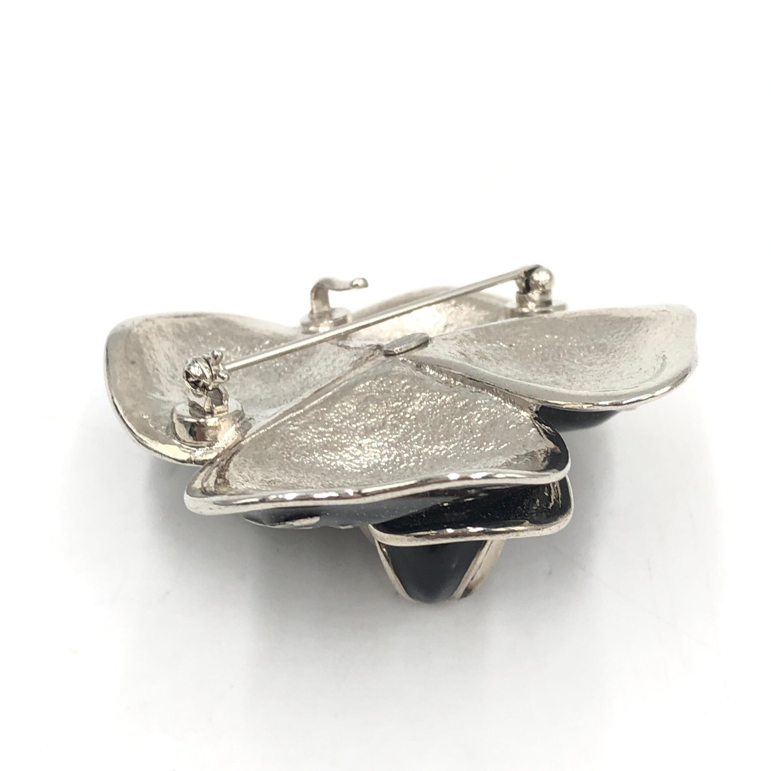 Chanel Black Enamel Flower Brooch With Silver-Tone