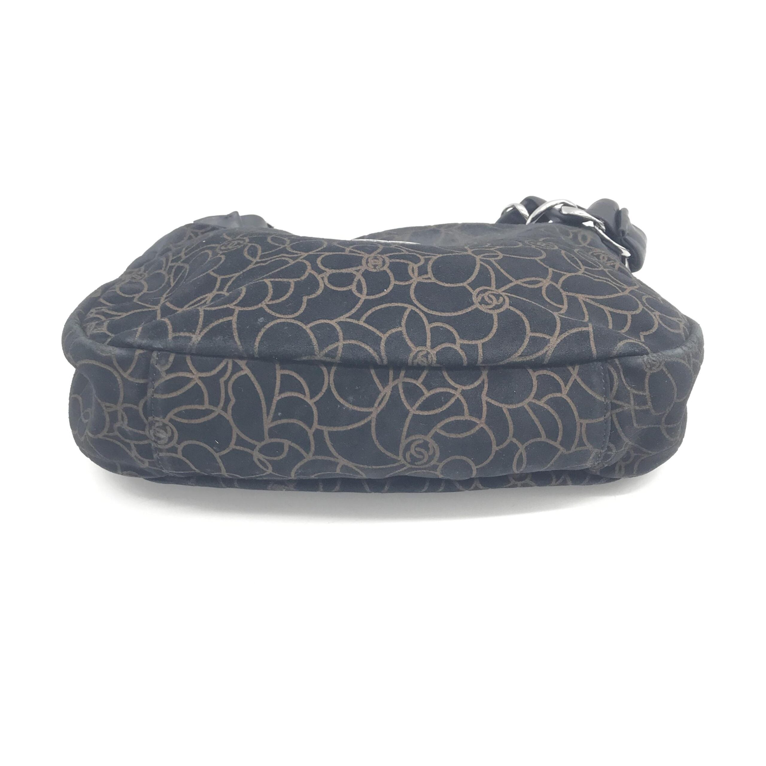 Chanel Camellia Chain Black Suede Shoulder Bag With Logo