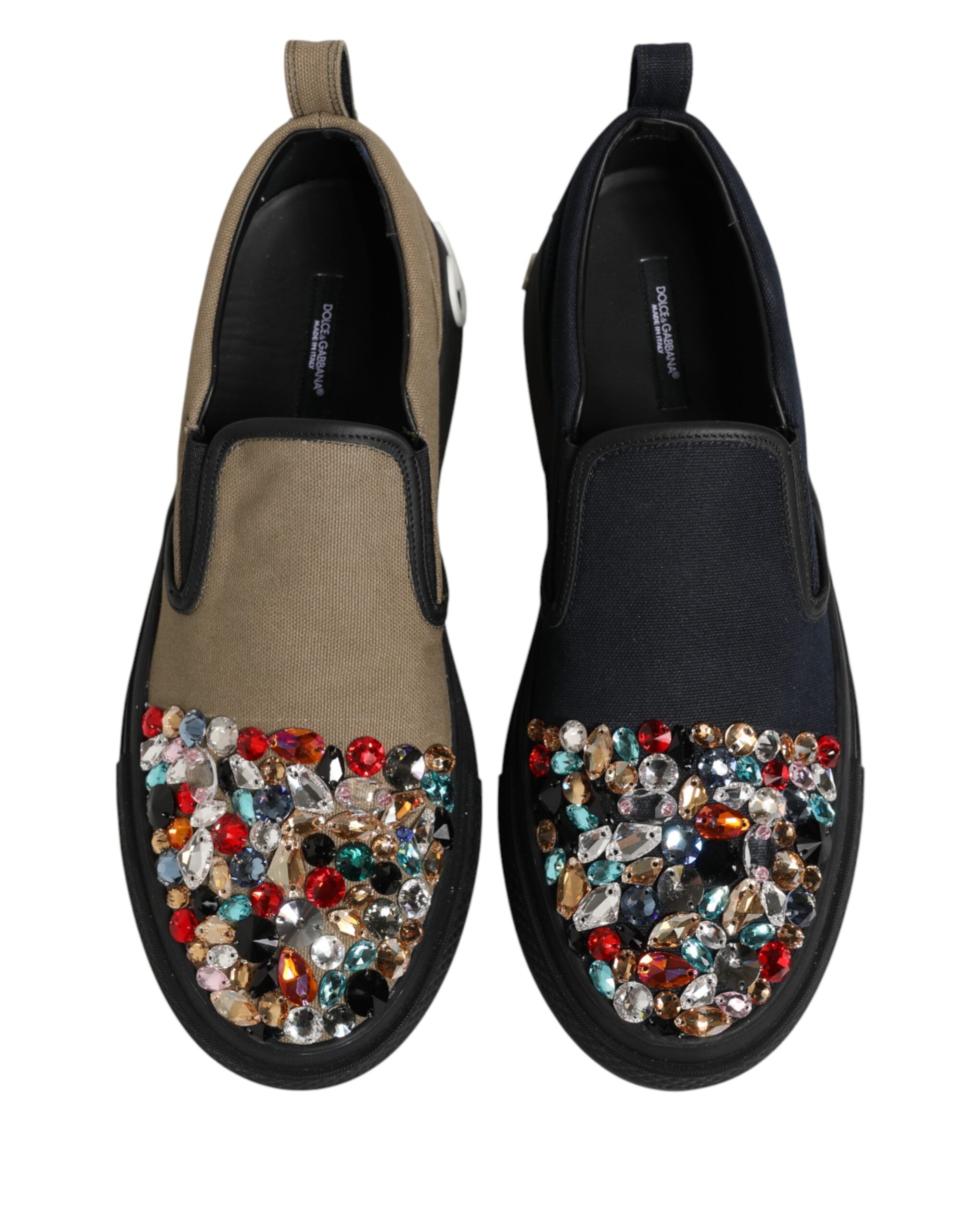 Elevate your style with Dolce & Gabbana's Blue Canvas Embellished Slip On Sneakers, a timeless blend of Italian craftsmanship and opulent design, perfect for discerning tastes.