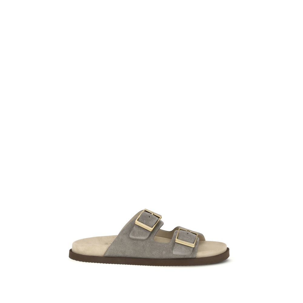 Brunello Cucinelli gray leather sandals detail view
