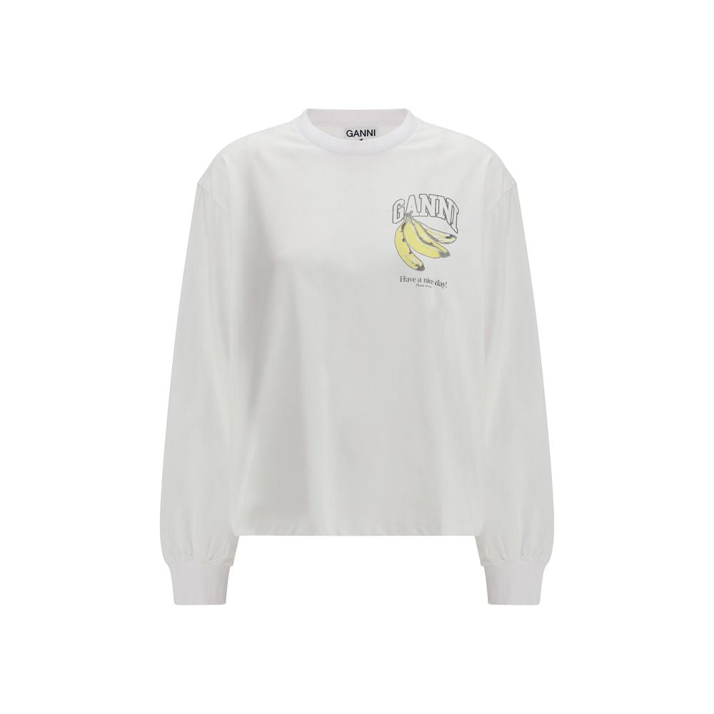Elevate your wardrobe with the Ganni White Cotton Long Sleeve T-Shirt, a blend of effortless elegance and playful charm, perfect for those who appreciate refined luxury.