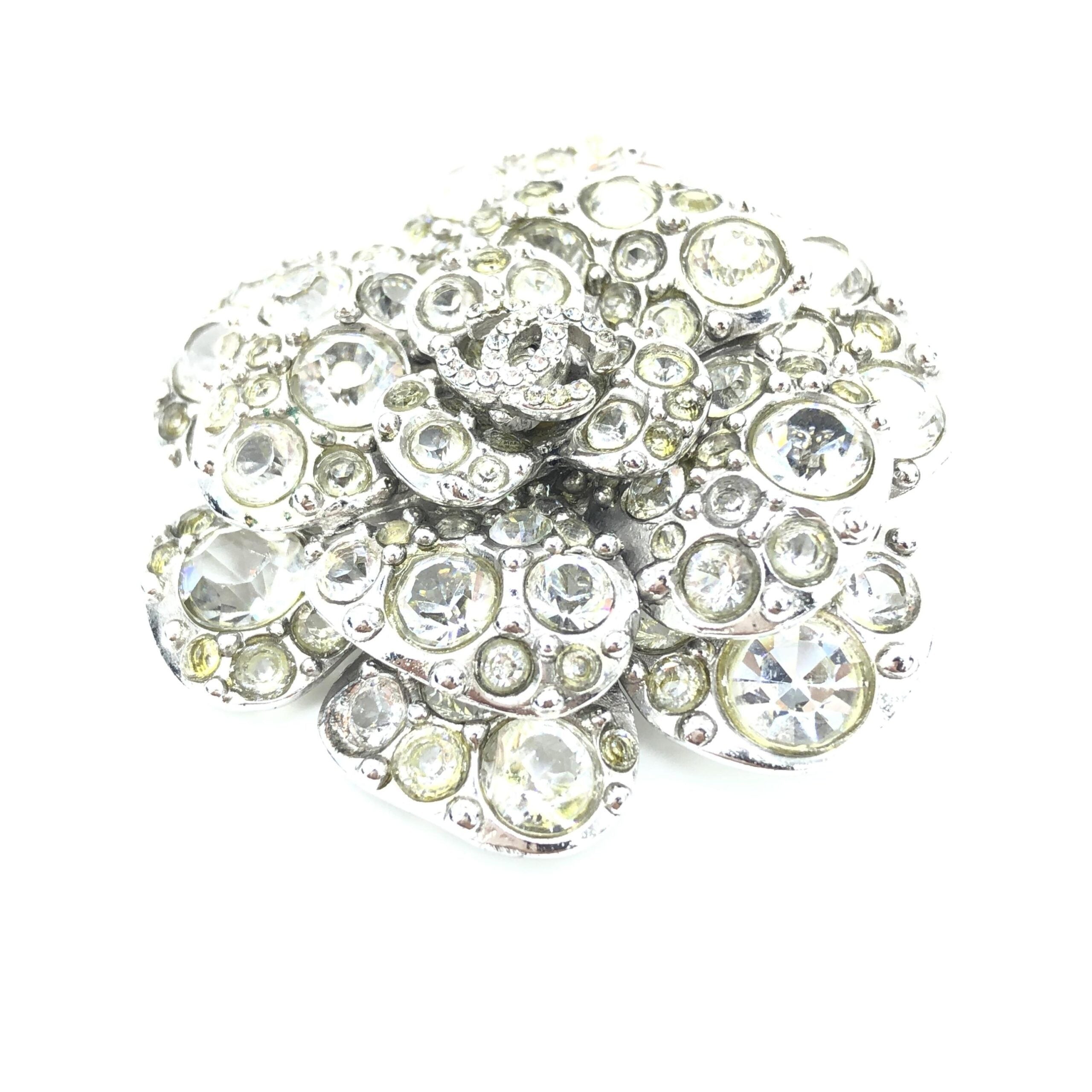 Chanel Silver Crystal Camellia Flower Brooch