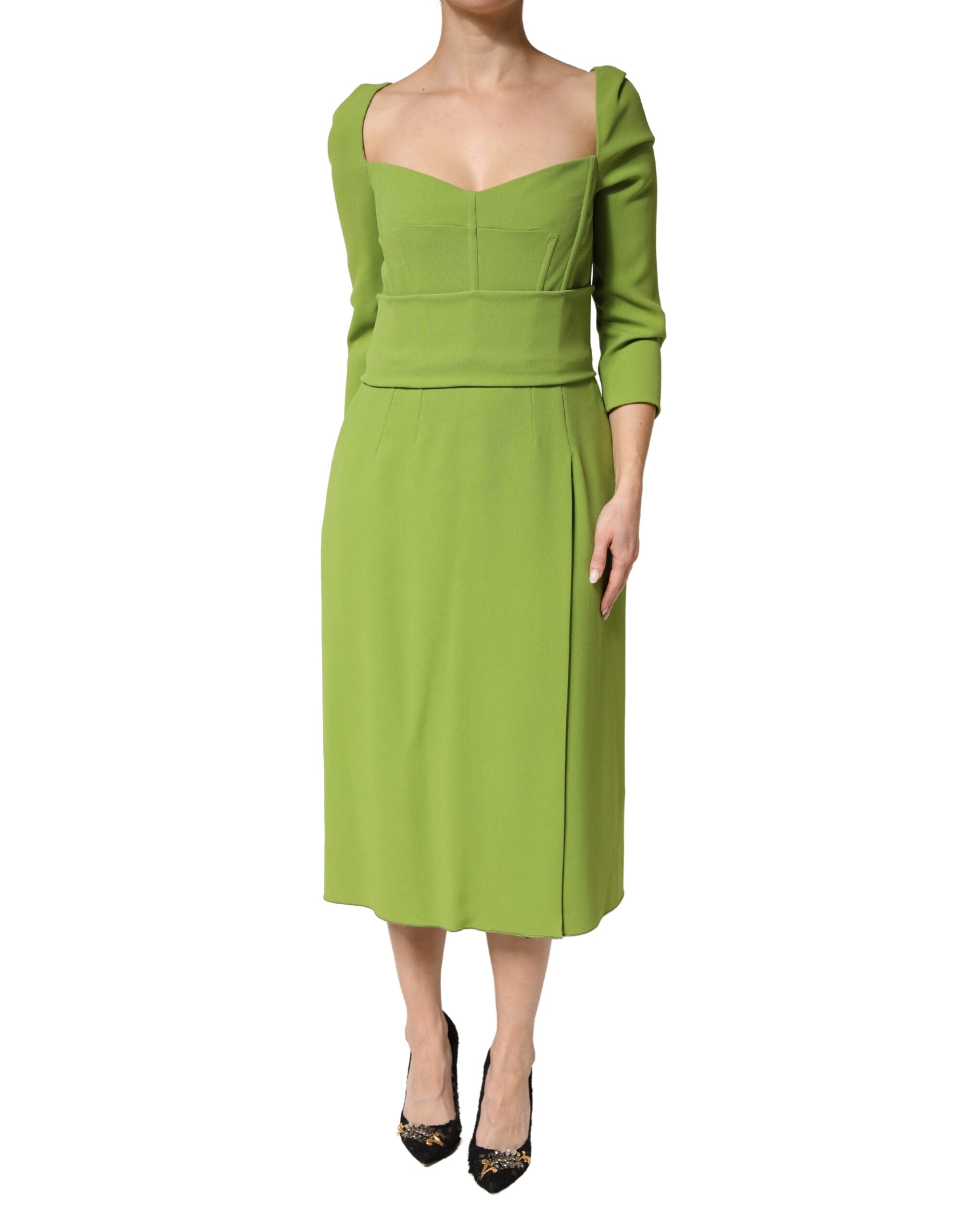 Experience the allure of Dolce & Gabbana's Green Silk Sweetheart Neckline Midi Dress, a testament to Italian craftsmanship and timeless elegance for elevated occasions.