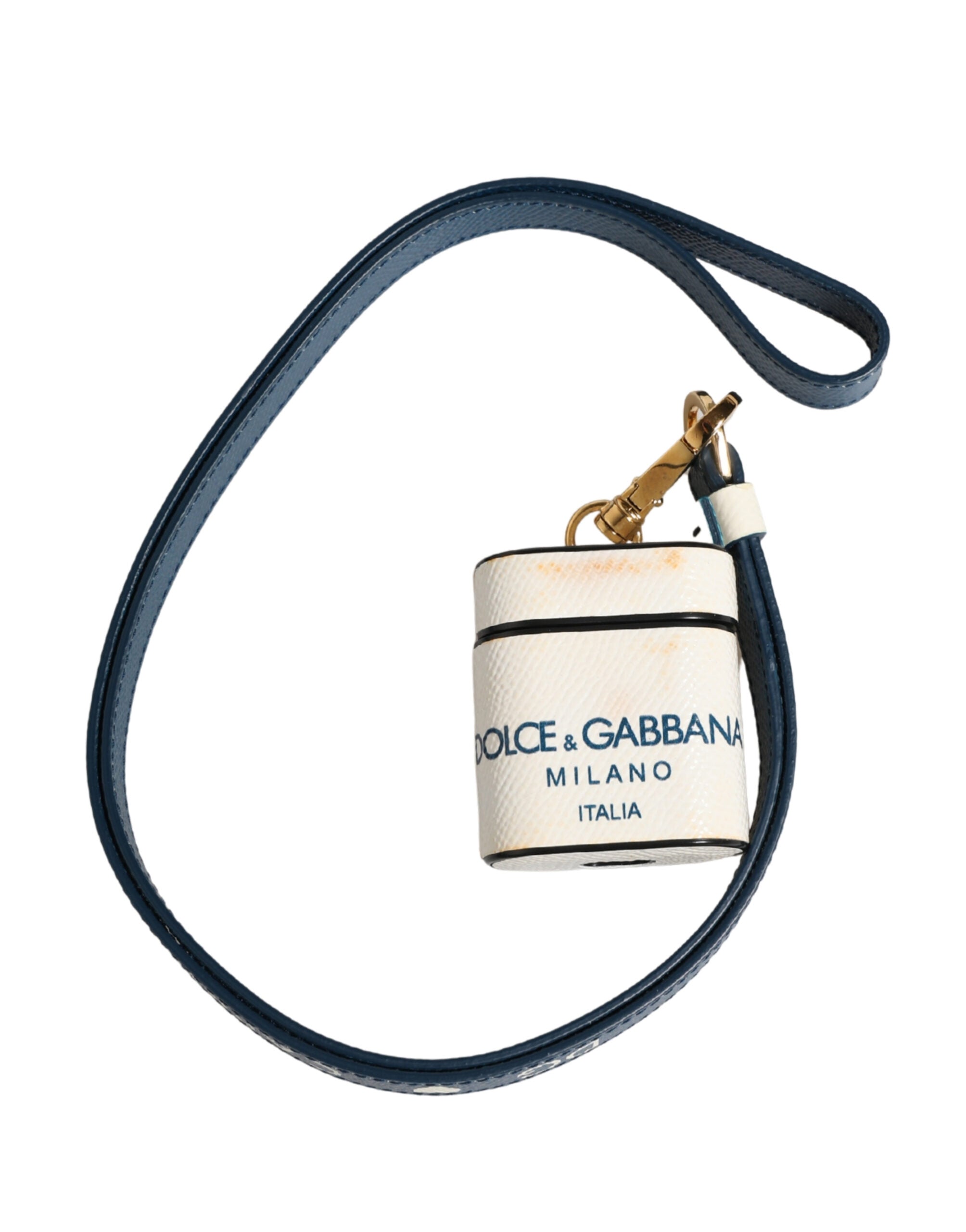Dolce & Gabbana White Calf Leather Logo Flip Holder Strap Airpods Case