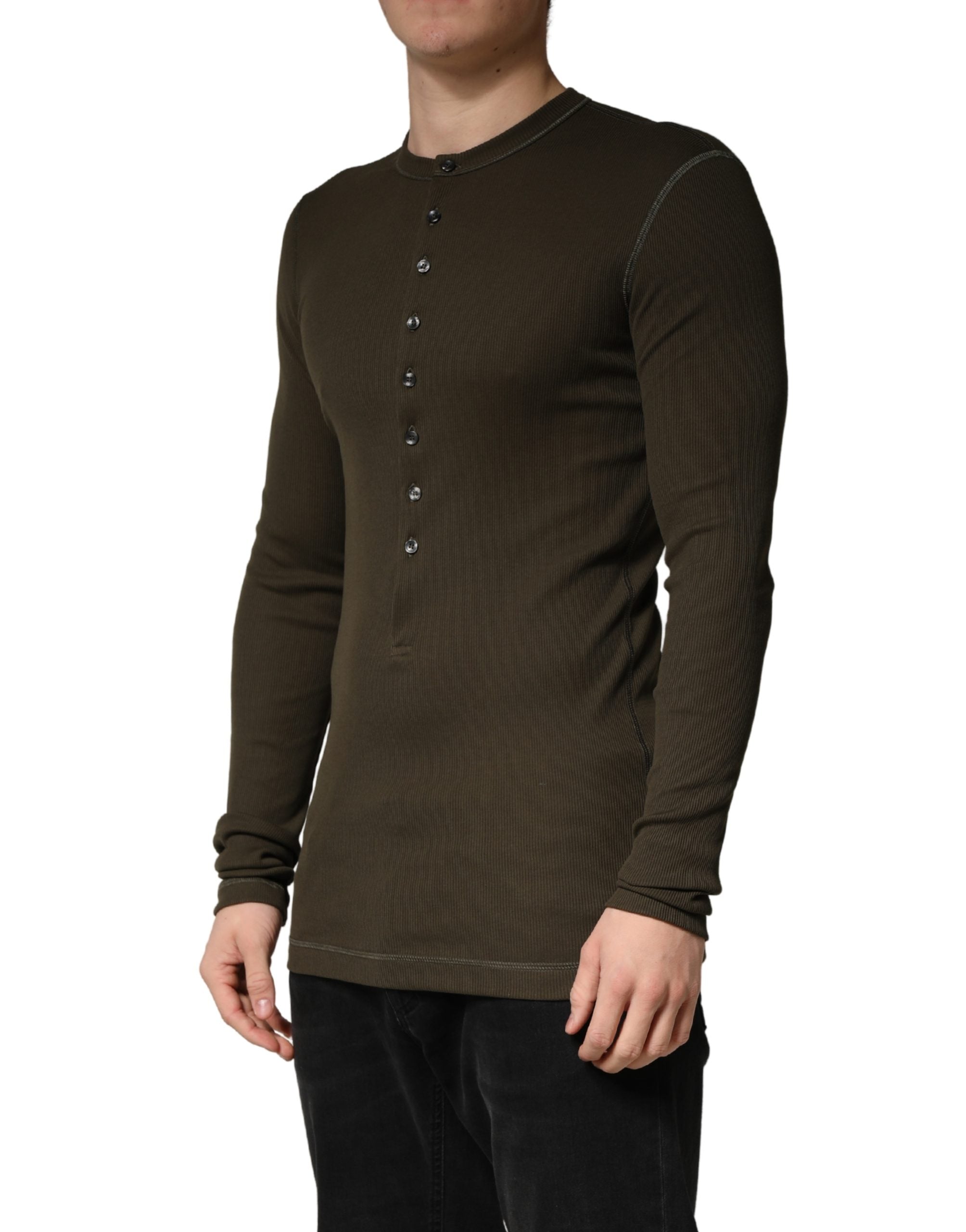 Dolce & Gabbana Brown Cotton Buttoned Henley Pullover Sweater