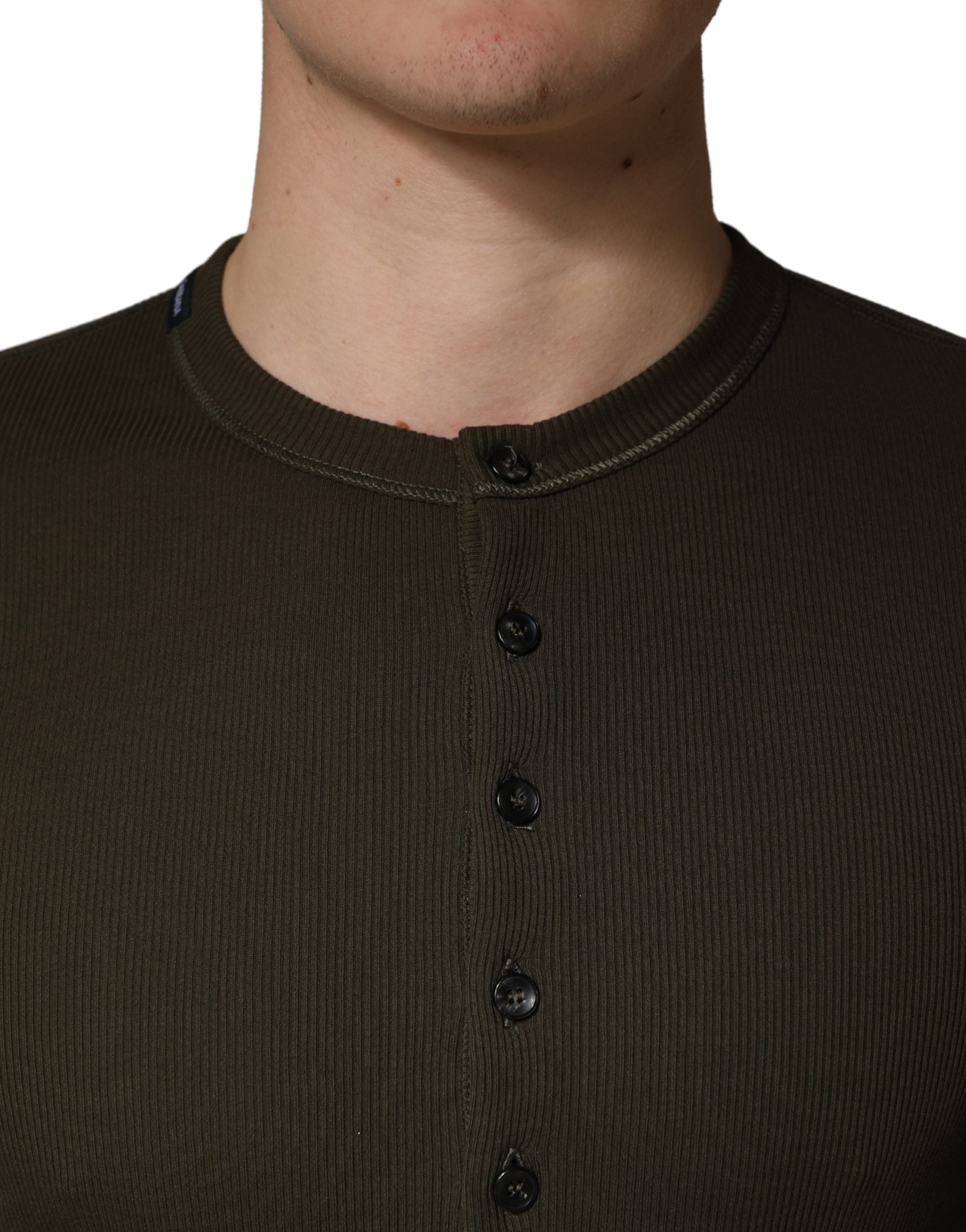 Dolce & Gabbana Brown Cotton Buttoned Henley Pullover Sweater