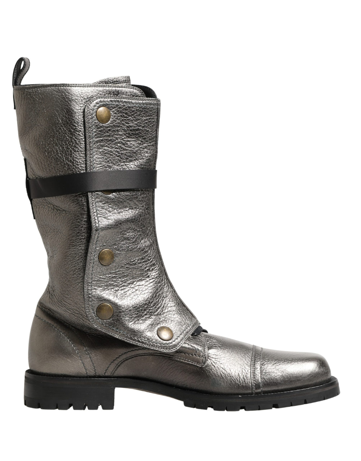 Step into a realm of opulence with Dolce & Gabbana's Metallic Silver Combat Biker Boots, where exquisite leather craftsmanship meets bold sophistication for the discerning individual.
