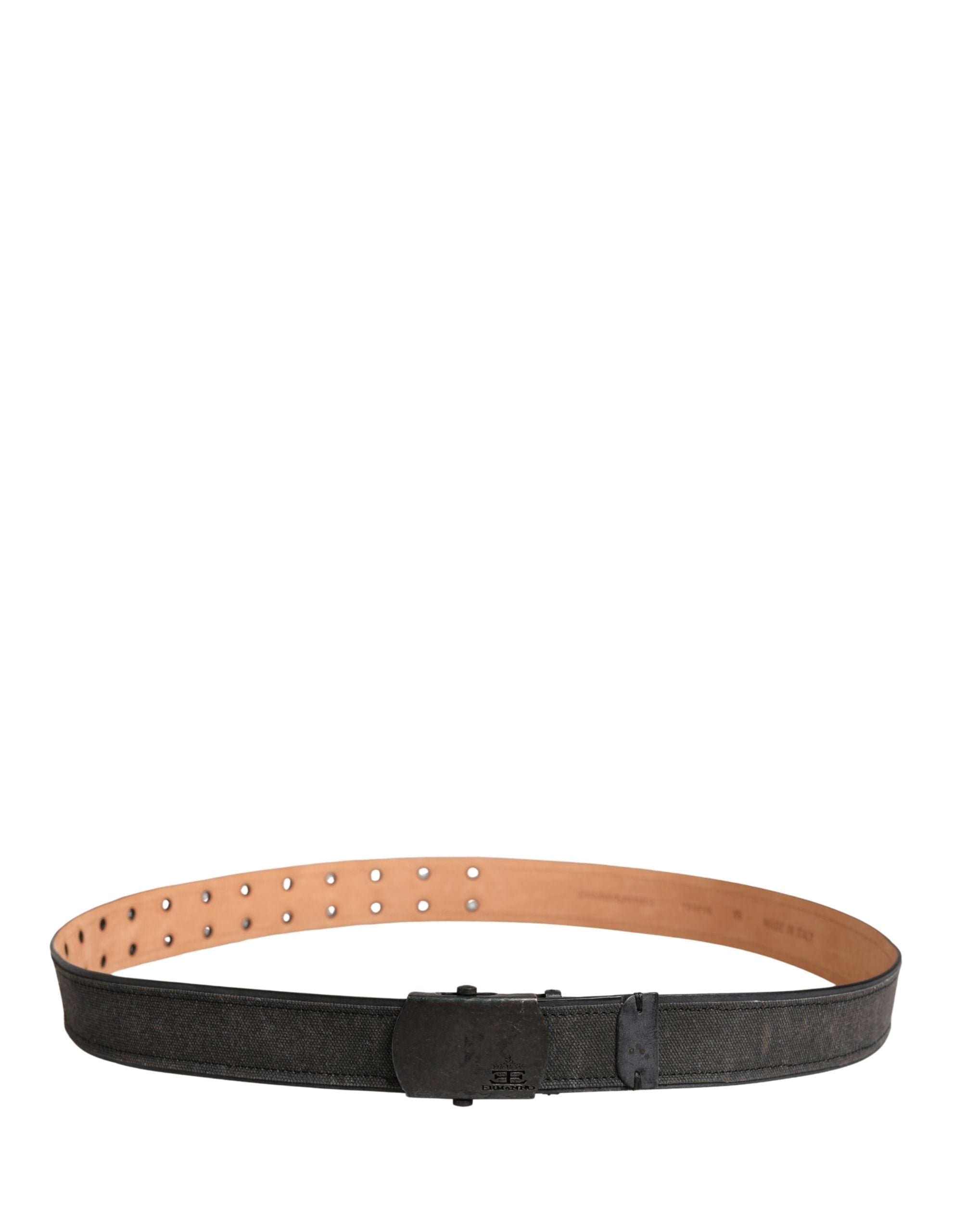 Elevate your style with the Ermanno Scervino Black Leather Cotton Logo Metal Buckle Belt, a masterpiece of Italian craftsmanship that embodies timeless luxury and sophistication.